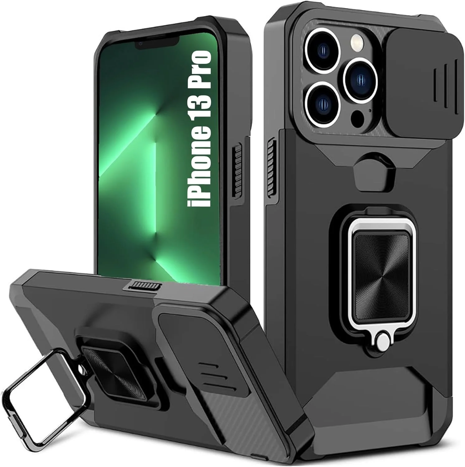 کاور محافظ گوشی آیفون 13 پرو با جای کارت و پوشش کشویی دوربین، استند انگشتی چرخان 360 درجه، کاور محافظ سنگین برای گوشی اپل آیفون 13 پرو - مشکی