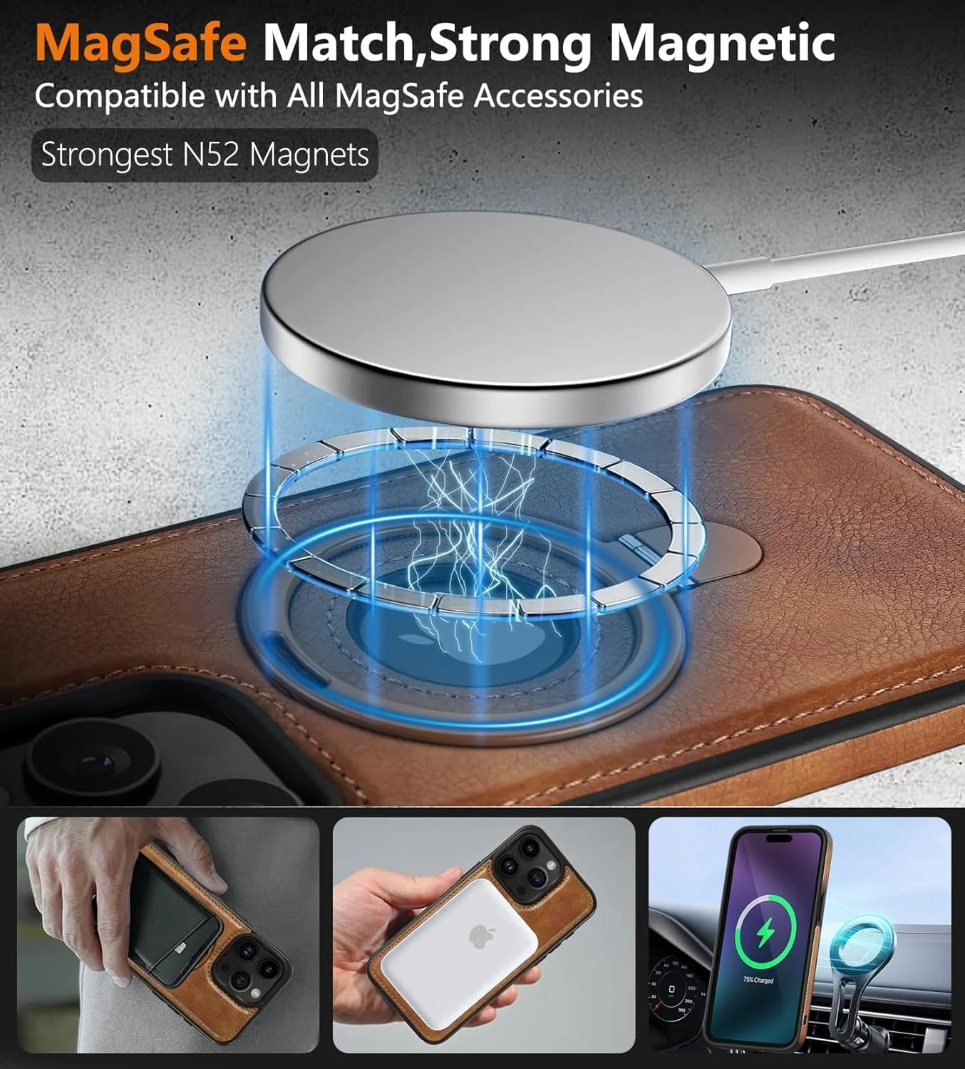 قاب چرمی مغناطیسی، محافظت در برابر سقوط در سطح نظامی، قاب پشتی باریک با پایه قابل تنظیم، سازگار با Magsafe، قاب تلفن باریک با پایه، قهوه ای (15 Pro Max)
