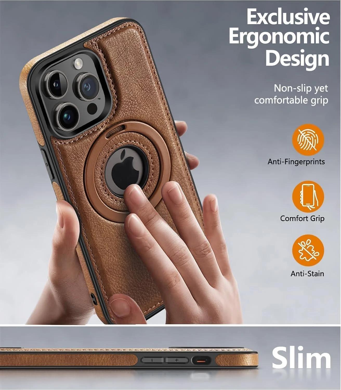 قاب چرمی مغناطیسی، محافظت در برابر سقوط در سطح نظامی، قاب پشتی باریک با پایه قابل تنظیم، سازگار با Magsafe، قاب تلفن باریک با پایه، قهوه ای (15 Pro Max)