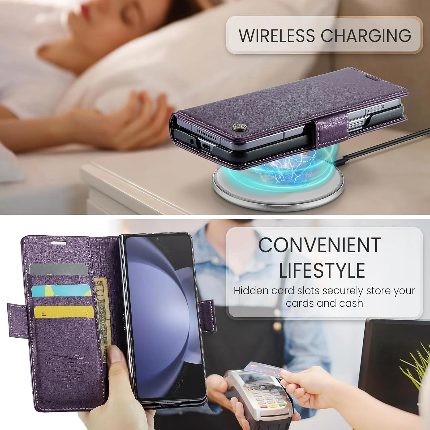 کیف ELEPIK برای گوشی گلکسی زد فولد 5 با جای کارت، پایه نگهدارنده [3 جای کارت + 1 جای پول نقد] [چرم PU بادوام] کاور کیف پول مغناطیسی برای گوشی سامسونگ گلکسی زد فولد 5، بنفش شیک