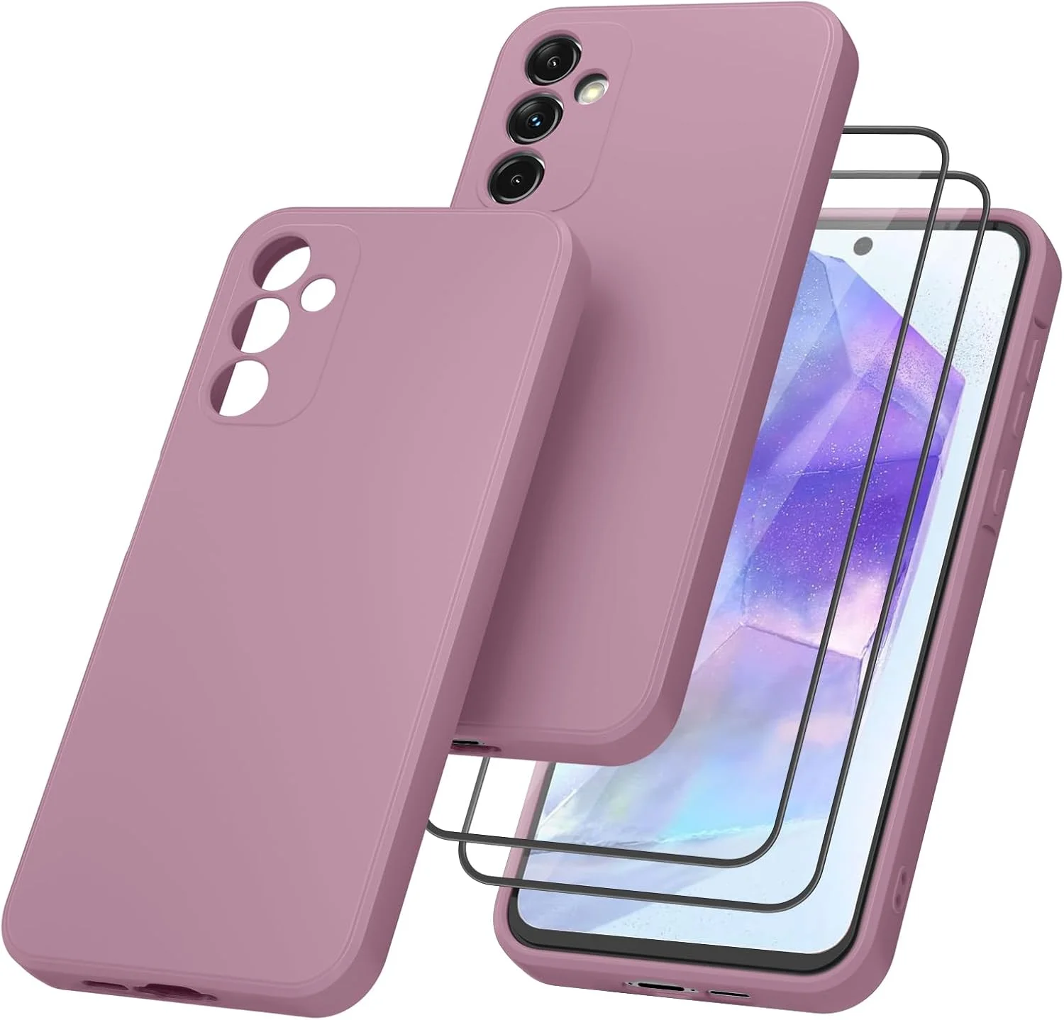 کاور سیلیکونی مایع 3 در 1 برای گوشی سامسونگ گلکسی A55 5G، [محافظت در برابر سقوط در سطح نظامی] [به همراه 2 عدد محافظ صفحه نمایش شیشه ای حرارت دیده] کاور برای گوشی گلکسی A55 (بنفش گل رز)