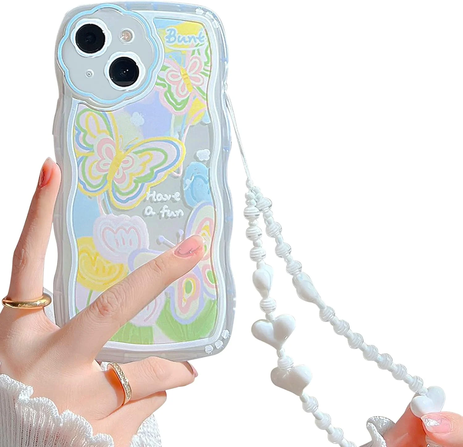 کاور محافظ آیفون 14 با طرح پروانه و گل کارتونی زیبا به همراه بند مچی مهره دار قلبی، جنس TPU نرم و محافظ کامل - طرح پروانه کاور محافظ آیفون 14 با طرح پروانه و گل کارتونی زیبا به همراه بند مچی مهره دار قلبی، جنس TPU نرم و محافظ کامل - طرح پروانه