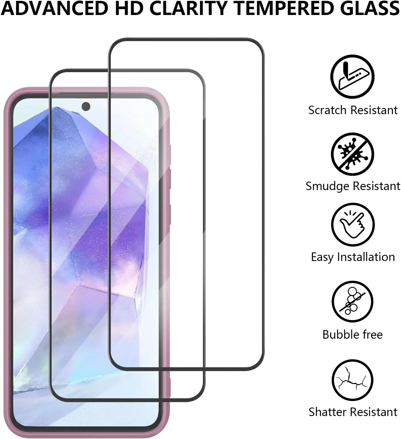 کاور سیلیکونی مایع 3 در 1 برای گوشی سامسونگ گلکسی A55 5G، [محافظت در برابر سقوط در سطح نظامی] [به همراه 2 عدد محافظ صفحه نمایش شیشه ای حرارت دیده] کاور برای گوشی گلکسی A55 (بنفش گل رز)