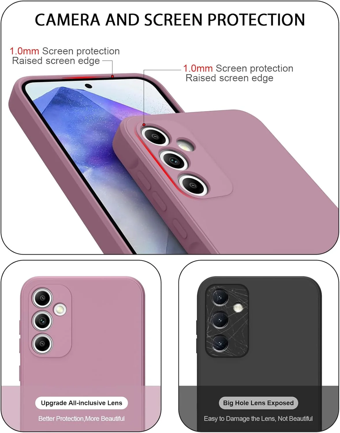 کاور سیلیکونی مایع 3 در 1 برای گوشی سامسونگ گلکسی A55 5G، [محافظت در برابر سقوط در سطح نظامی] [به همراه 2 عدد محافظ صفحه نمایش شیشه ای حرارت دیده] کاور برای گوشی گلکسی A55 (بنفش گل رز)