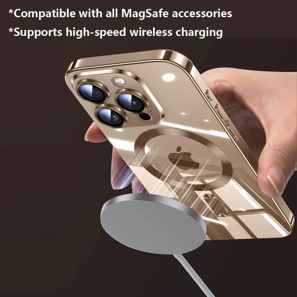 کاور مگنتی Zege سازگار با آیفون 16 پرو مکس با MagSafe [هرگز زرد نمی شود] [محافظت در برابر سقوط در سطح نظامی] محافظ کامل لنز دوربین، کاور گوشی نرم و شفاف با روکش (طلایی)