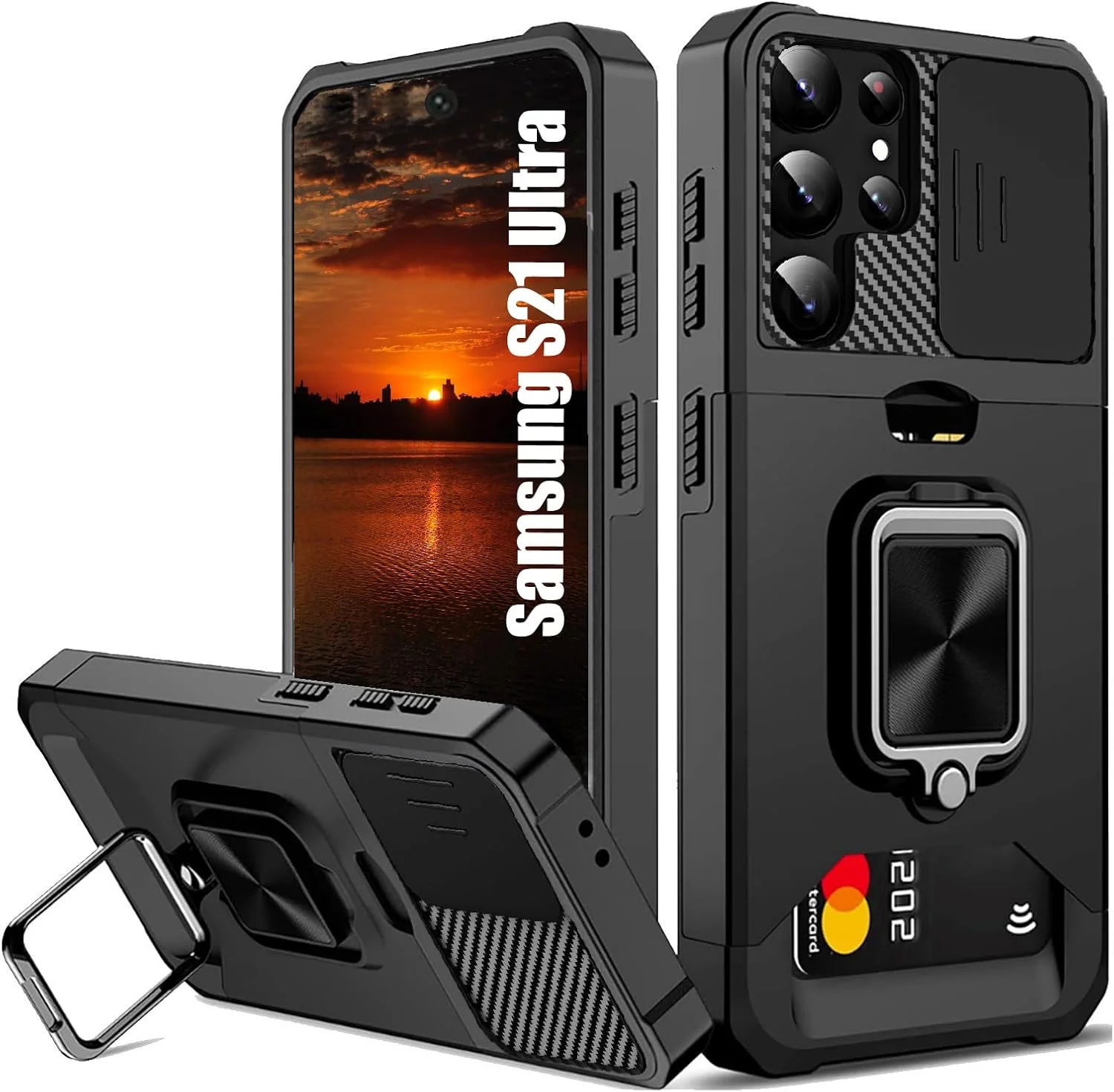 قاب محافظ گوشی سامسونگ S21 Ultra به همراه جای کارت، قاب گوشی سامسونگ گلکسی S21 Ultra به همراه پوشش کشویی دوربین و حلقه چرخان 360 درجه، قاب محافظ سنگین گوشی برای پوشش S21 Ultra - مشکی
