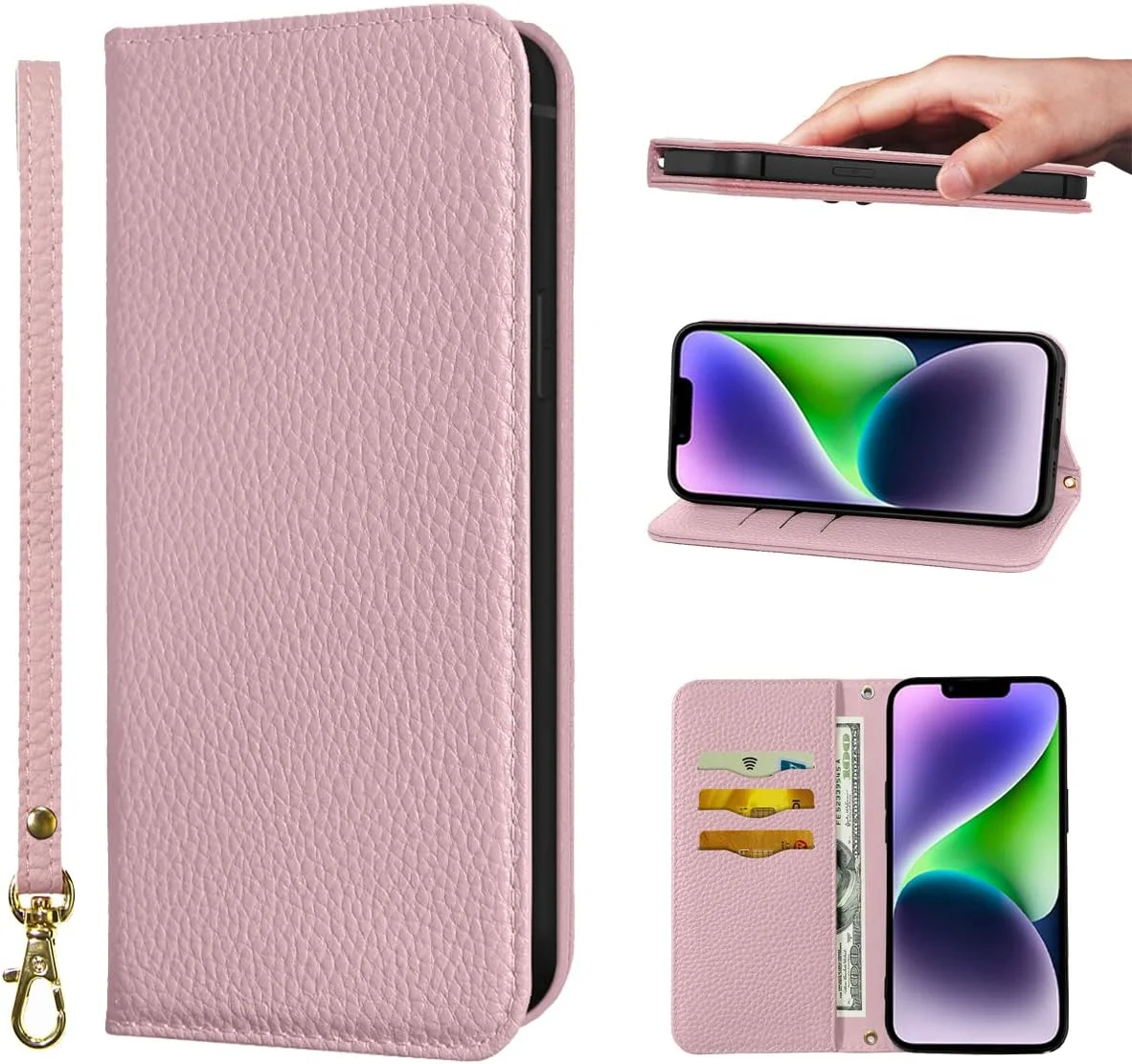 کیف پول چرمی گوشی آیفون 14 پرو NanHou، کیف محافظ با قفل مغناطیسی، پایه تاشو، بند مچی و جای کارت - صورتی کیف پول چرمی گوشی آیفون 14 پرو NanHou، کیف محافظ با قفل مغناطیسی، پایه تاشو، بند مچی و جای کارت - صورتی