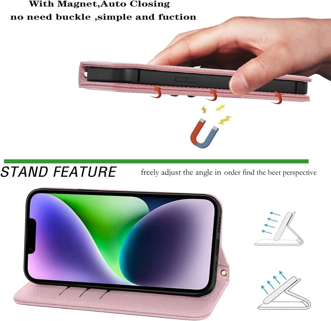 کیف پول چرمی گوشی آیفون 14 پرو NanHou، کیف محافظ با قفل مغناطیسی، پایه تاشو، بند مچی و جای کارت - صورتی کیف پول چرمی گوشی آیفون 14 پرو NanHou، کیف محافظ با قفل مغناطیسی، پایه تاشو، بند مچی و جای کارت - صورتی