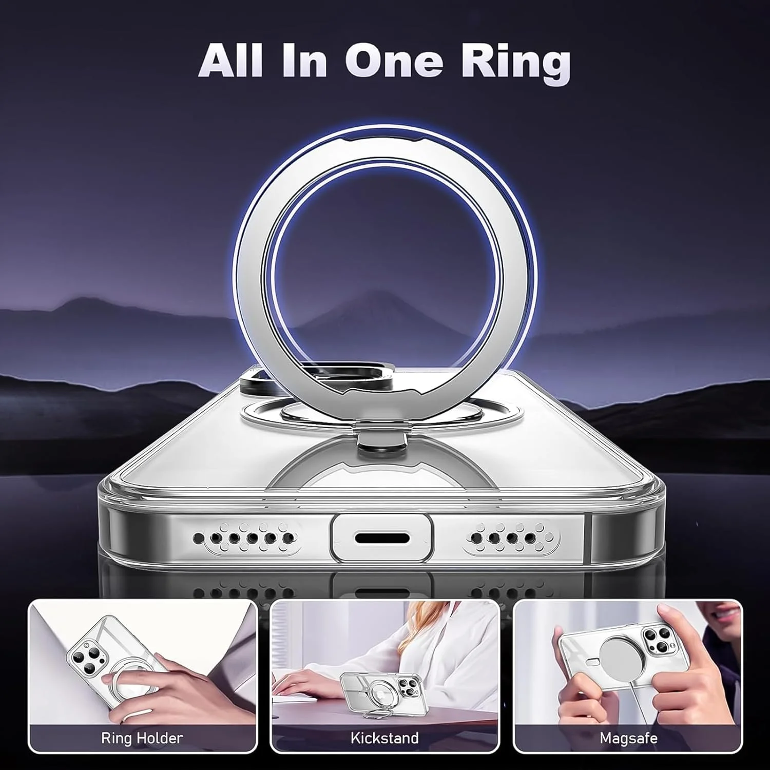 قاب گوشی آیفون 15 پرو مکس، دارای پایه حلقه ای مغناطیسی چرخان 360 درجه، سازگار با MagSafe، کاور شفاف ضد زردی، محافظت ضد ضربه قاب گوشی آیفون 15 پرو مکس، دارای پایه حلقه ای مغناطیسی چرخان 360 درجه، سازگار با MagSafe، کاور شفاف ضد زردی، محافظت ضد ضربه