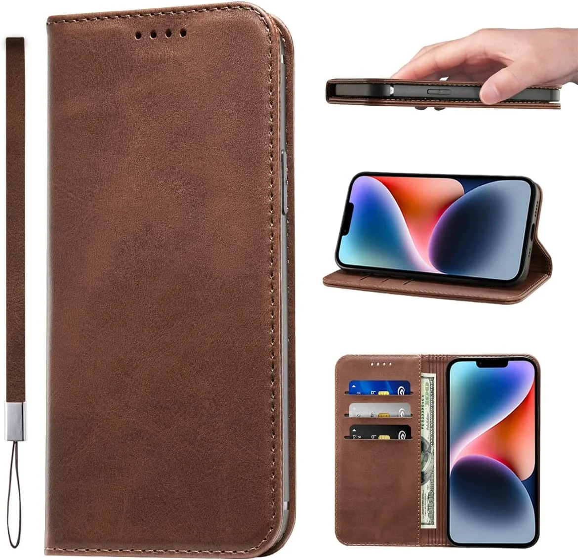 قاب گوشی آیفون 14 چرمی PU با بند مچی، کیف پول و جای کارت، پوشش ضد ضربه - قهوه ای قاب گوشی آیفون 14 چرمی PU با بند مچی، کیف پول و جای کارت، پوشش ضد ضربه - قهوه ای