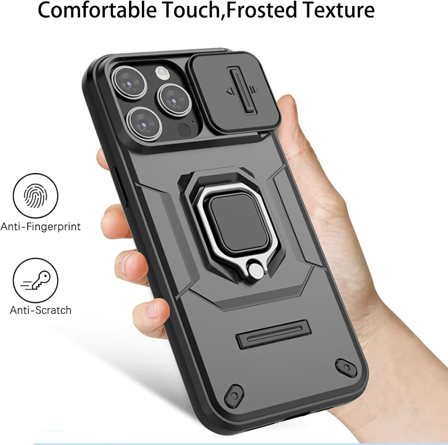 قاب محافظ گوشی آیفون 15 پرو مکس با پوشش کشویی دوربین و حلقه چرخان 360 درجه، ضد ضربه و محافظ سنگین، مشکی قاب محافظ گوشی آیفون 15 پرو مکس با پوشش کشویی دوربین و حلقه چرخان 360 درجه، ضد ضربه و محافظ سنگین، مشکی