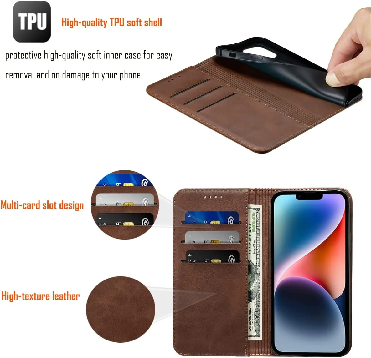 قاب گوشی آیفون 14 چرمی PU با بند مچی، کیف پول و جای کارت، پوشش ضد ضربه - قهوه ای قاب گوشی آیفون 14 چرمی PU با بند مچی، کیف پول و جای کارت، پوشش ضد ضربه - قهوه ای