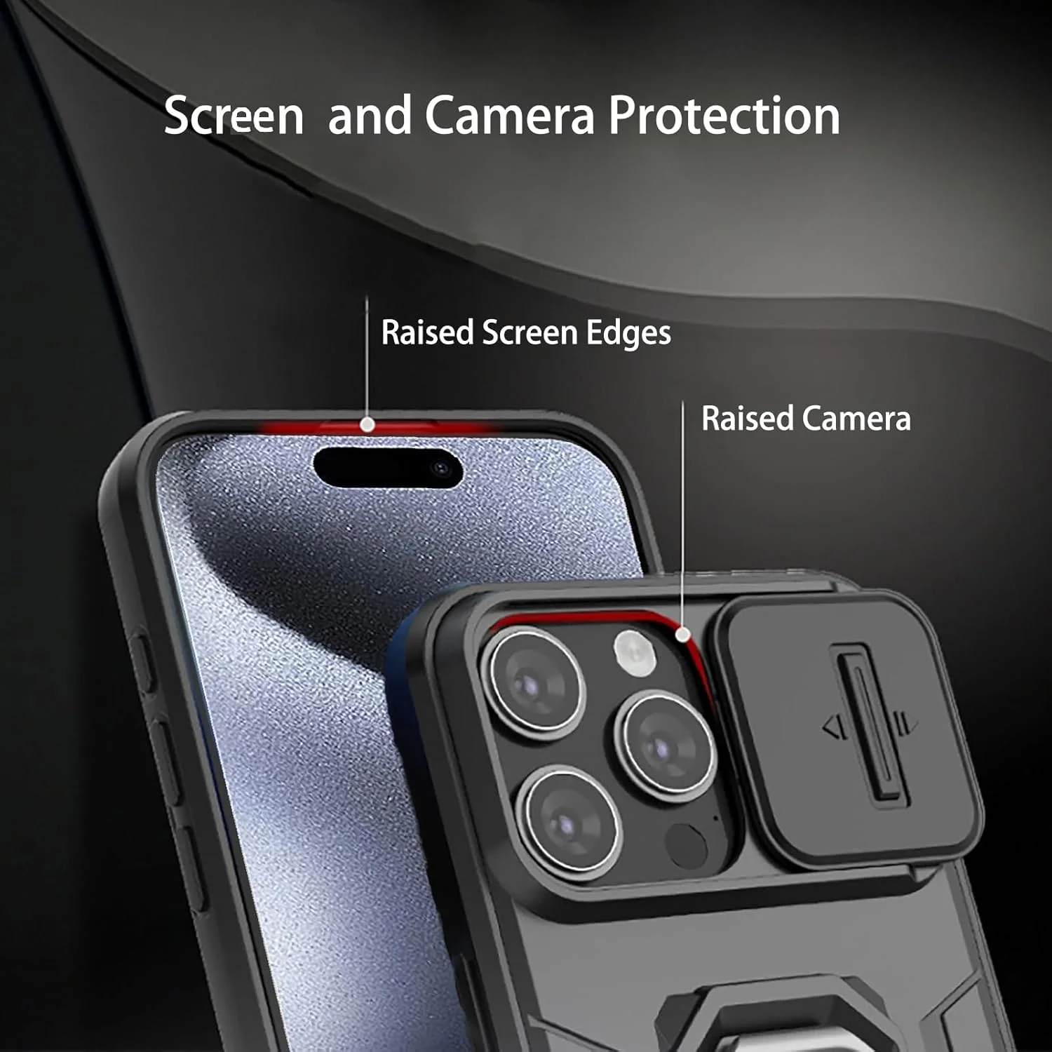 قاب محافظ گوشی آیفون 15 پرو مکس با پوشش کشویی دوربین و حلقه چرخان 360 درجه، ضد ضربه و محافظ سنگین، مشکی قاب محافظ گوشی آیفون 15 پرو مکس با پوشش کشویی دوربین و حلقه چرخان 360 درجه، ضد ضربه و محافظ سنگین، مشکی