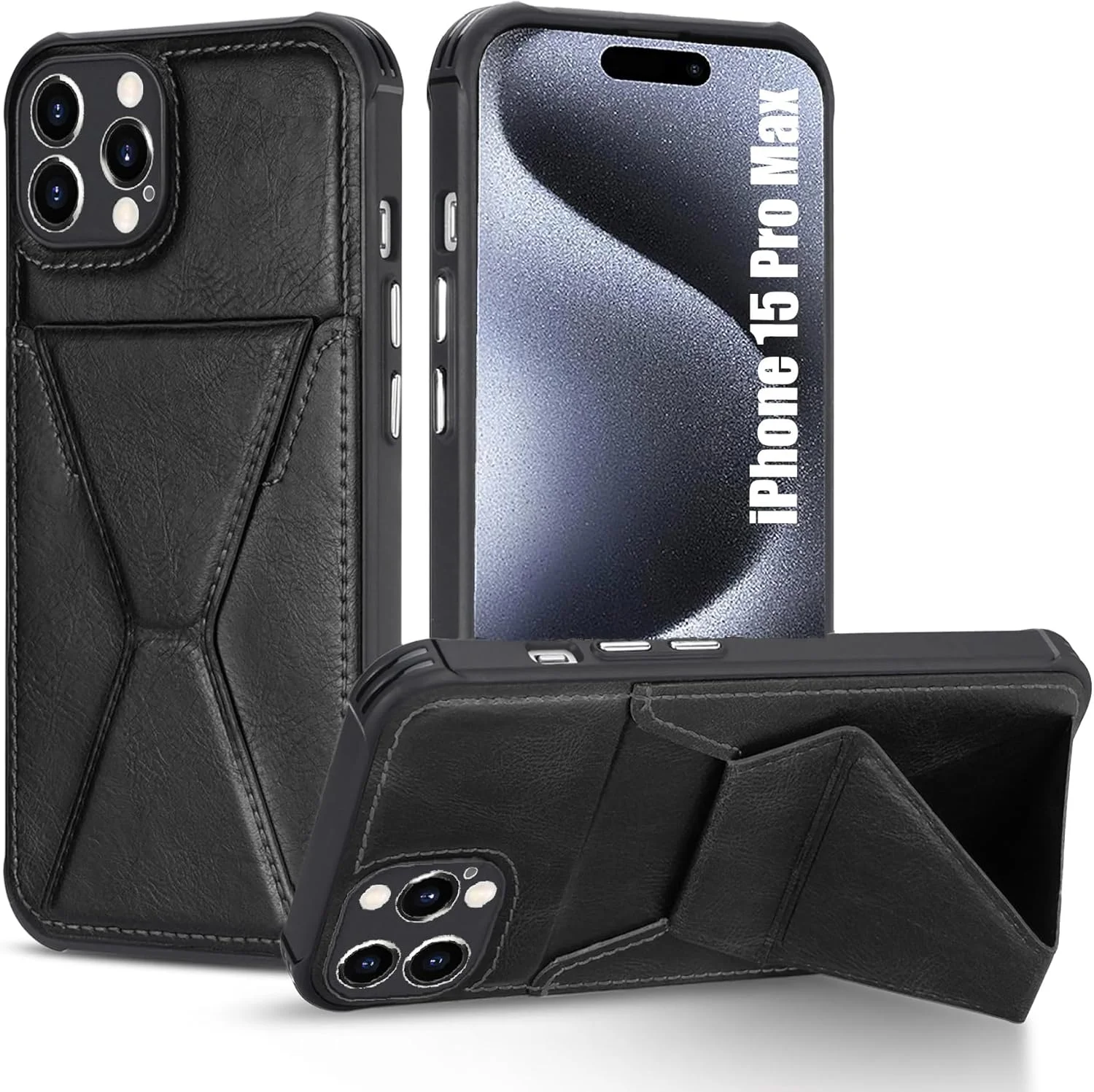 کاور چرمی آیفون 15 پرو مکس با جای کارت [نگهداری 2 کارت]، کاور کیف پول با [پایه انگشتی]، پایه مغناطیسی ماشین، کاور باریک گوشی مناسب برای آیفون 15 پرو مکس - مشکی