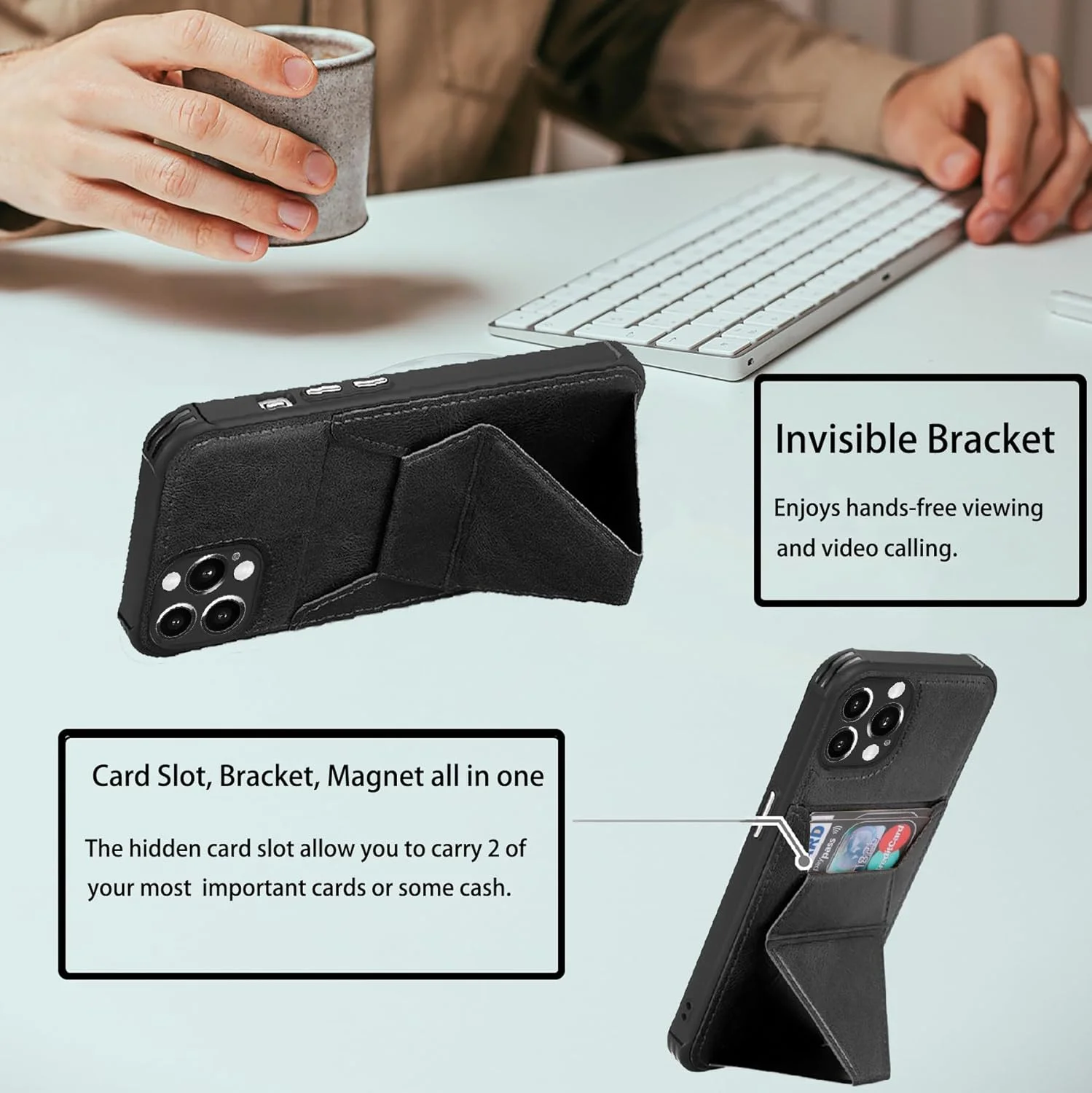 کاور چرمی آیفون 15 پرو مکس با جای کارت [نگهداری 2 کارت]، کاور کیف پول با [پایه انگشتی]، پایه مغناطیسی ماشین، کاور باریک گوشی مناسب برای آیفون 15 پرو مکس - مشکی