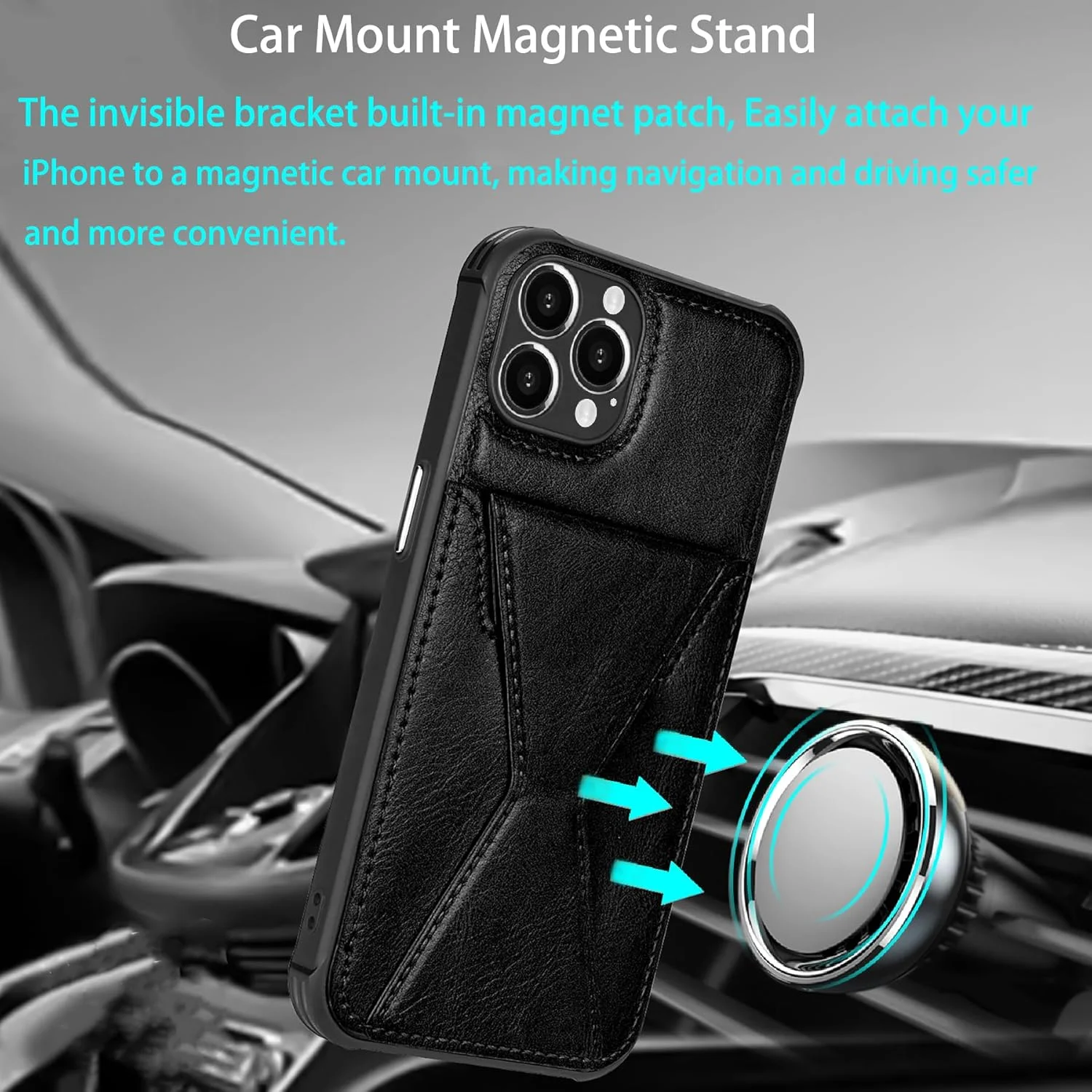 کاور چرمی آیفون 15 پرو مکس با جای کارت [نگهداری 2 کارت]، کاور کیف پول با [پایه انگشتی]، پایه مغناطیسی ماشین، کاور باریک گوشی مناسب برای آیفون 15 پرو مکس - مشکی