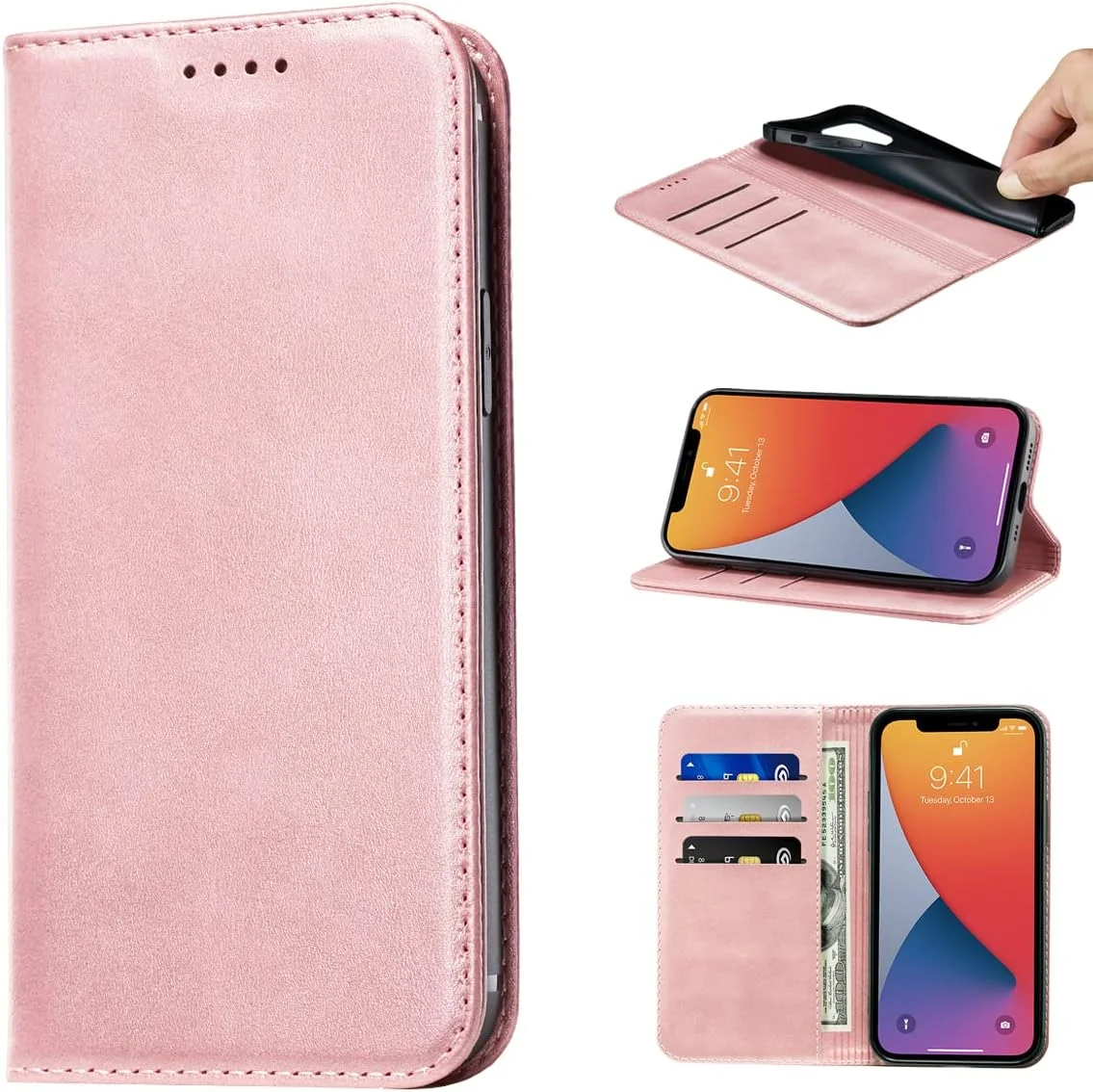 کیف پول چرمی گوشی آیفون 13 پرو مکس با جای کارت و محافظ ضد ضربه - رزگلد کیف پول چرمی گوشی آیفون 13 پرو مکس با جای کارت و محافظ ضد ضربه - رزگلد