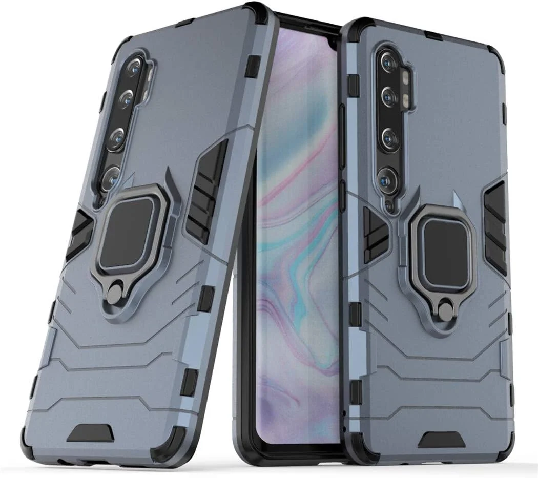 قاب محافظ سازگار با گوشی شیائومی Mi Note 10 (Pro)، با حلقه فلزی و استند، مقاوم در برابر ضربه، دو لایه، مناسب برای شیائومی Mi Note10، Mi Note10 Pro، Mi CC9 Pro (آبی تیره)