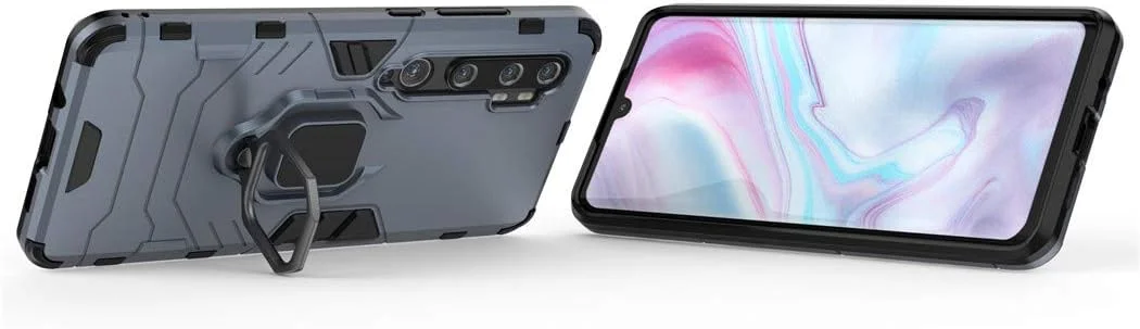 قاب محافظ سازگار با گوشی شیائومی Mi Note 10 (Pro)، با حلقه فلزی و استند، مقاوم در برابر ضربه، دو لایه، مناسب برای شیائومی Mi Note10، Mi Note10 Pro، Mi CC9 Pro (آبی تیره)