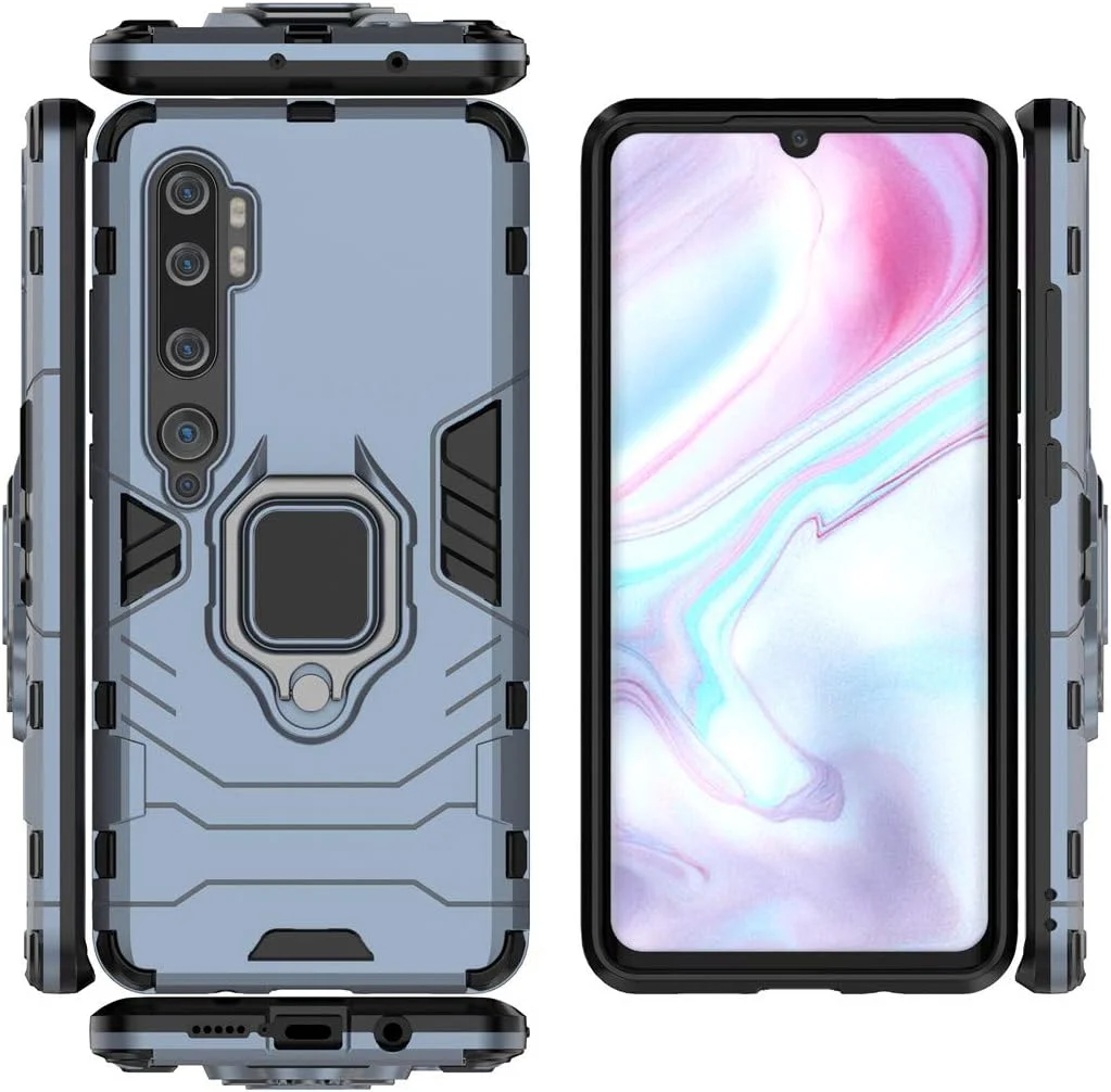 قاب محافظ سازگار با گوشی شیائومی Mi Note 10 (Pro)، با حلقه فلزی و استند، مقاوم در برابر ضربه، دو لایه، مناسب برای شیائومی Mi Note10، Mi Note10 Pro، Mi CC9 Pro (آبی تیره)