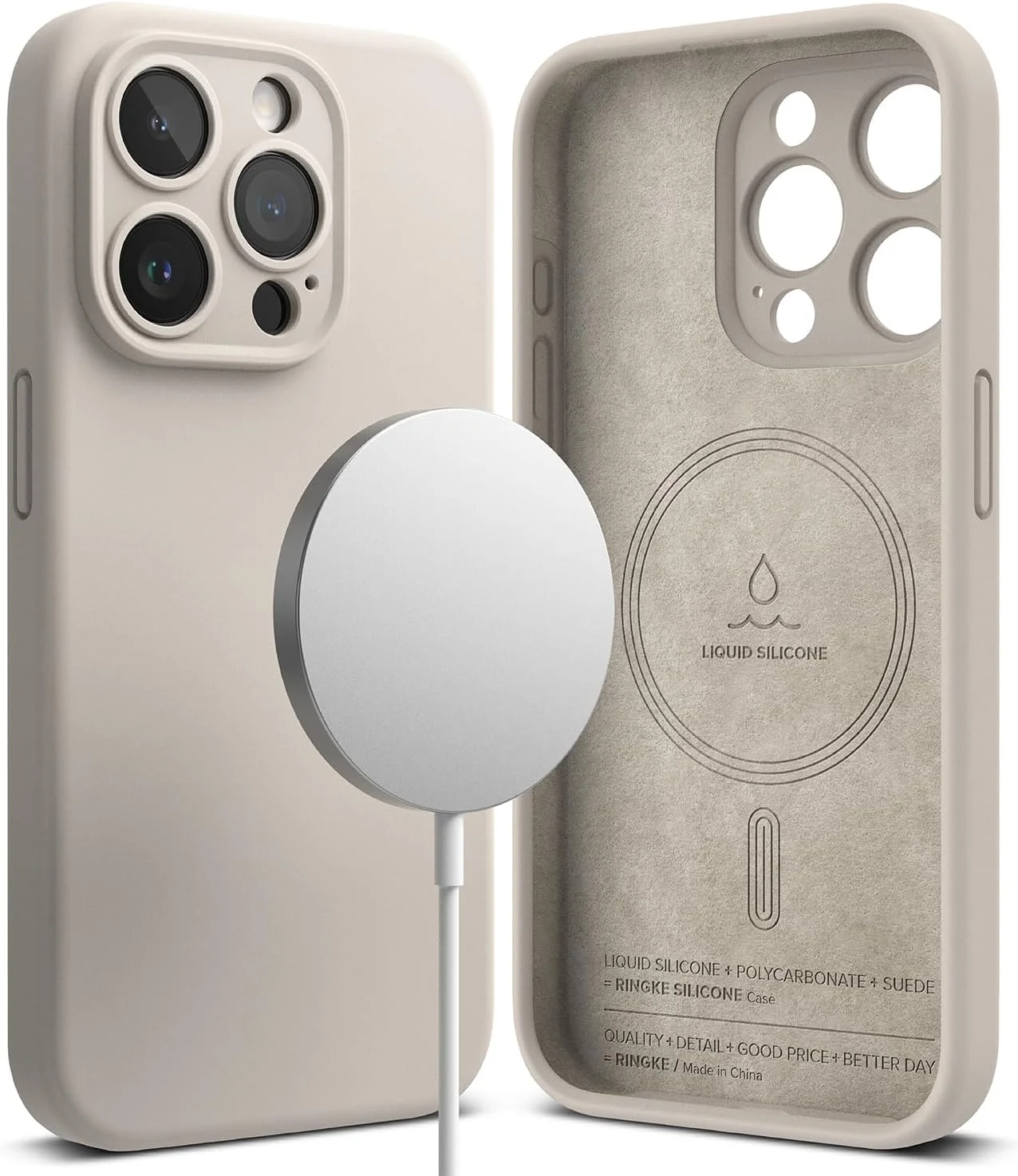 کاور سیلیکونی رینکه سازگار با آهنربای آیفون 15 پرو مکس، آهنربای قدرتمند، با دوام، حس ابریشمی، ضد اثر انگشت، کاور پشتی آیفون 15 پرو مکس - رنگ سنگی