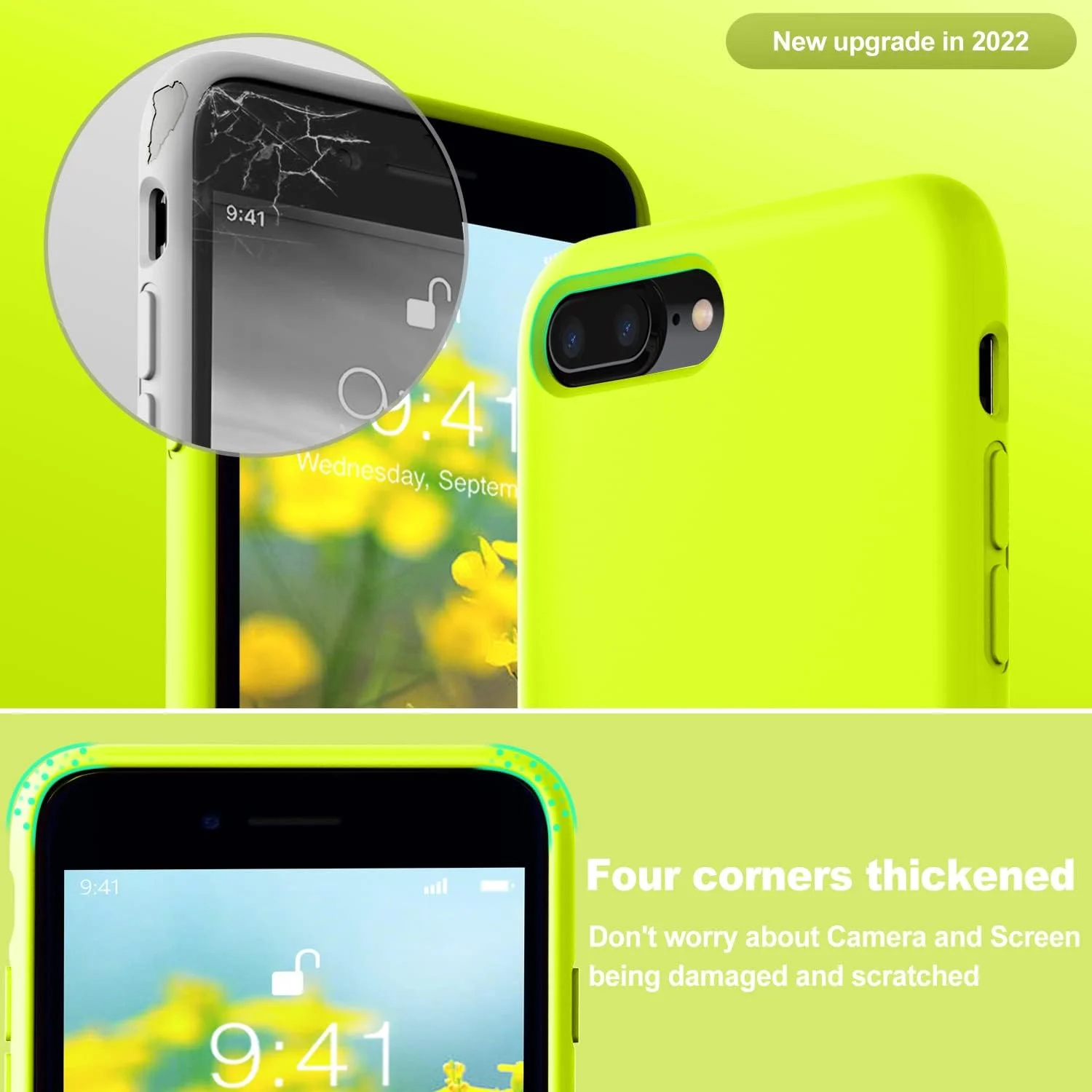 قاب گوشی Vooii سازگار با آیفون 8 پلاس، قاب گوشی آیفون 7 پلاس، ضربه گیر لاستیکی ژل سیلیکونی نرم، پوشش محافظ کل بدنه ضد ضربه با روکش میکروفایبر، سبز فلورسنت