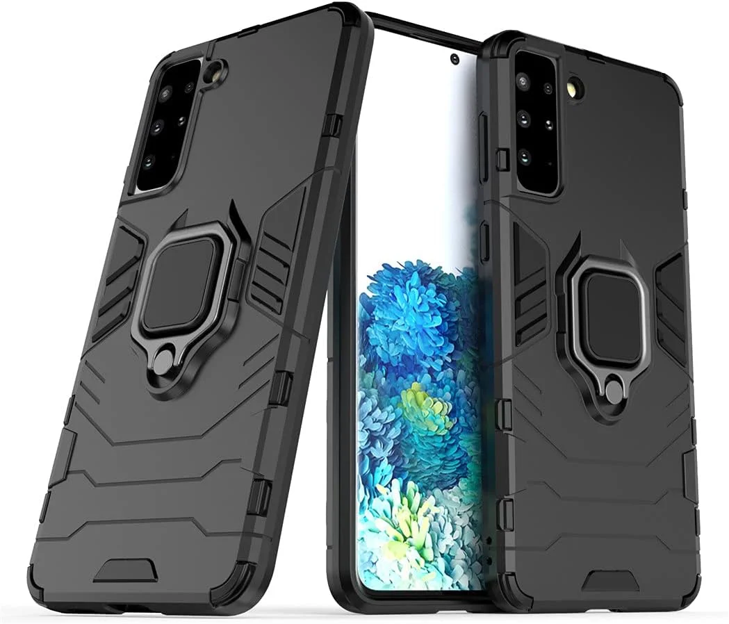 قاب محافظ گوشی سامسونگ گلکسی اس 21 پلاس 5G مدل MaiJin، دارای حلقه فلزی و استند، مقاوم و دو لایه (مشکی)