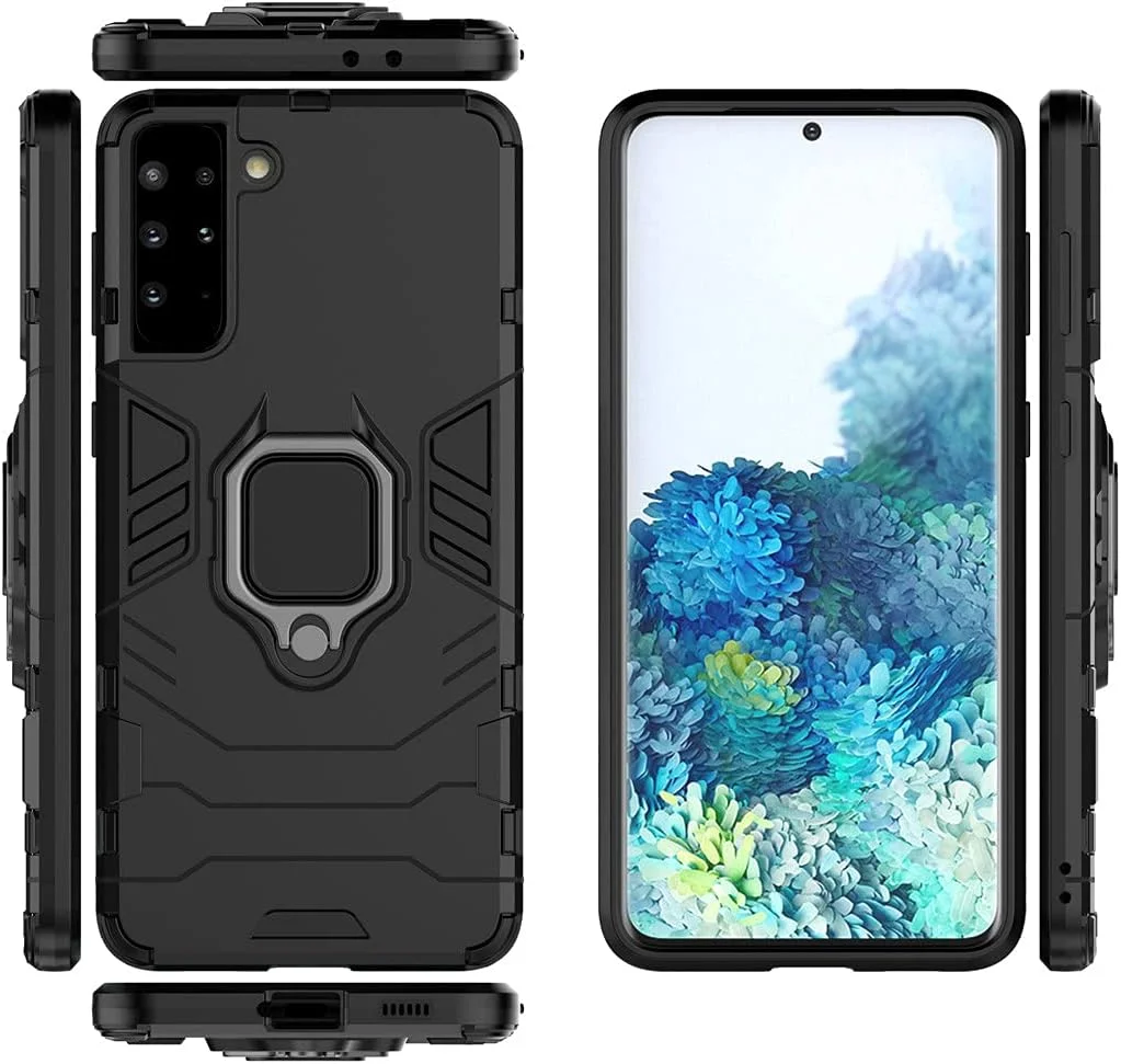 قاب محافظ گوشی سامسونگ گلکسی اس 21 پلاس 5G مدل MaiJin، دارای حلقه فلزی و استند، مقاوم و دو لایه (مشکی)