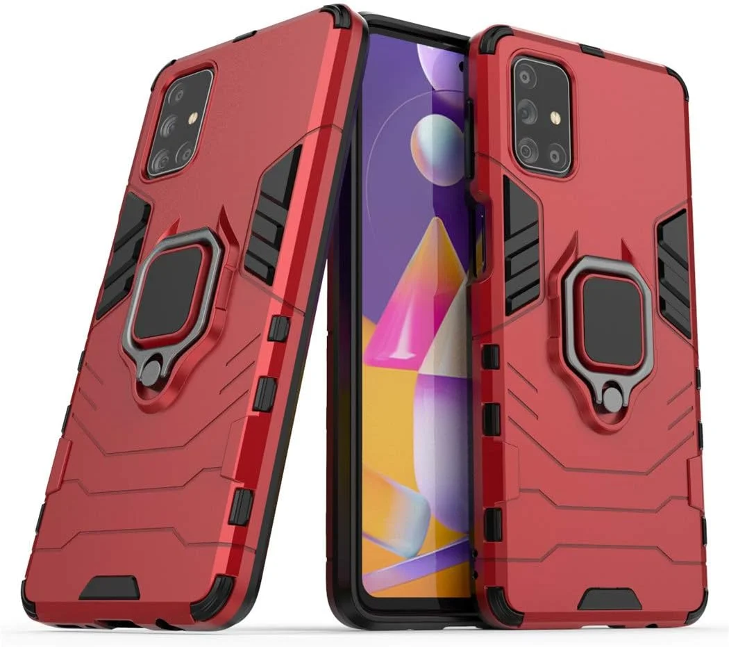 قاب محافظ گوشی موبایل سامسونگ گلکسی M31S مدل MaiJin، دارای استند انگشتی فلزی و ضربه گیر دو لایه (قرمز)