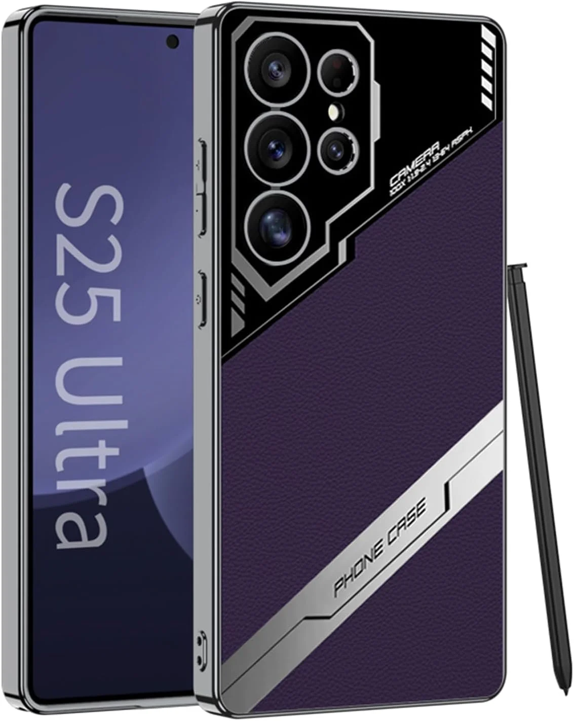 قاب گوشی سامسونگ گلکسی S25 Ultra، قاب چرمی PU فوق العاده نازک با آبکاری الکتریکی، پوشش محافظ کامل بدنه و دوربین، طراحی لوکس تجاری، ضد ضربه و ضد اثر انگشت (بنفش)