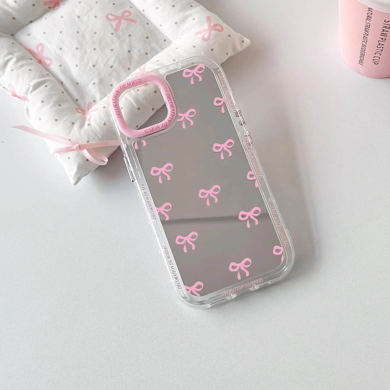 کاور گوشی آیفون 13 طرح پاپیون و روبان آینه ای زیبا، ضد ضربه و ضد خش - صورتی