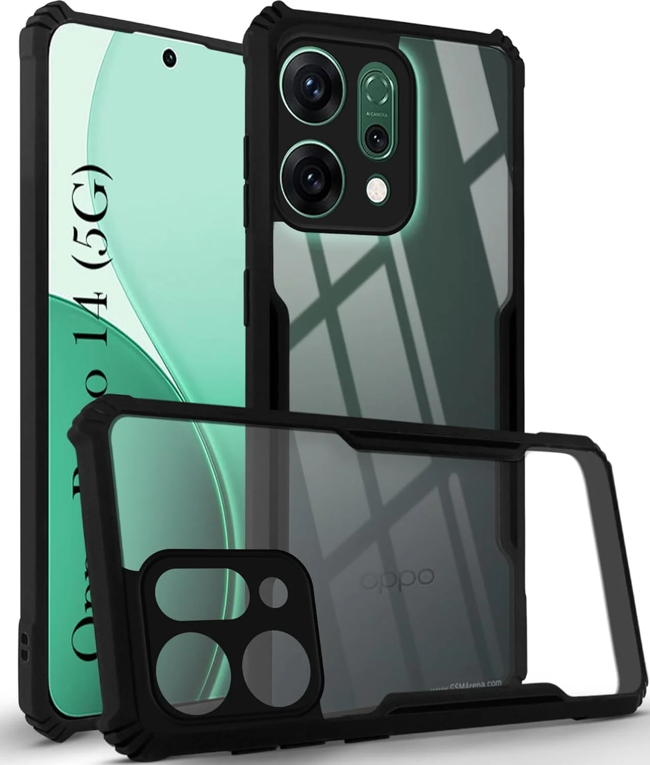 کاور محافظ شفاف با پشت سخت PC و حاشیه مشکی TPU ضد ضربه 360 درجه مقاوم در برابر زرد شدن مناسب برای گوشی Oppo Reno 14