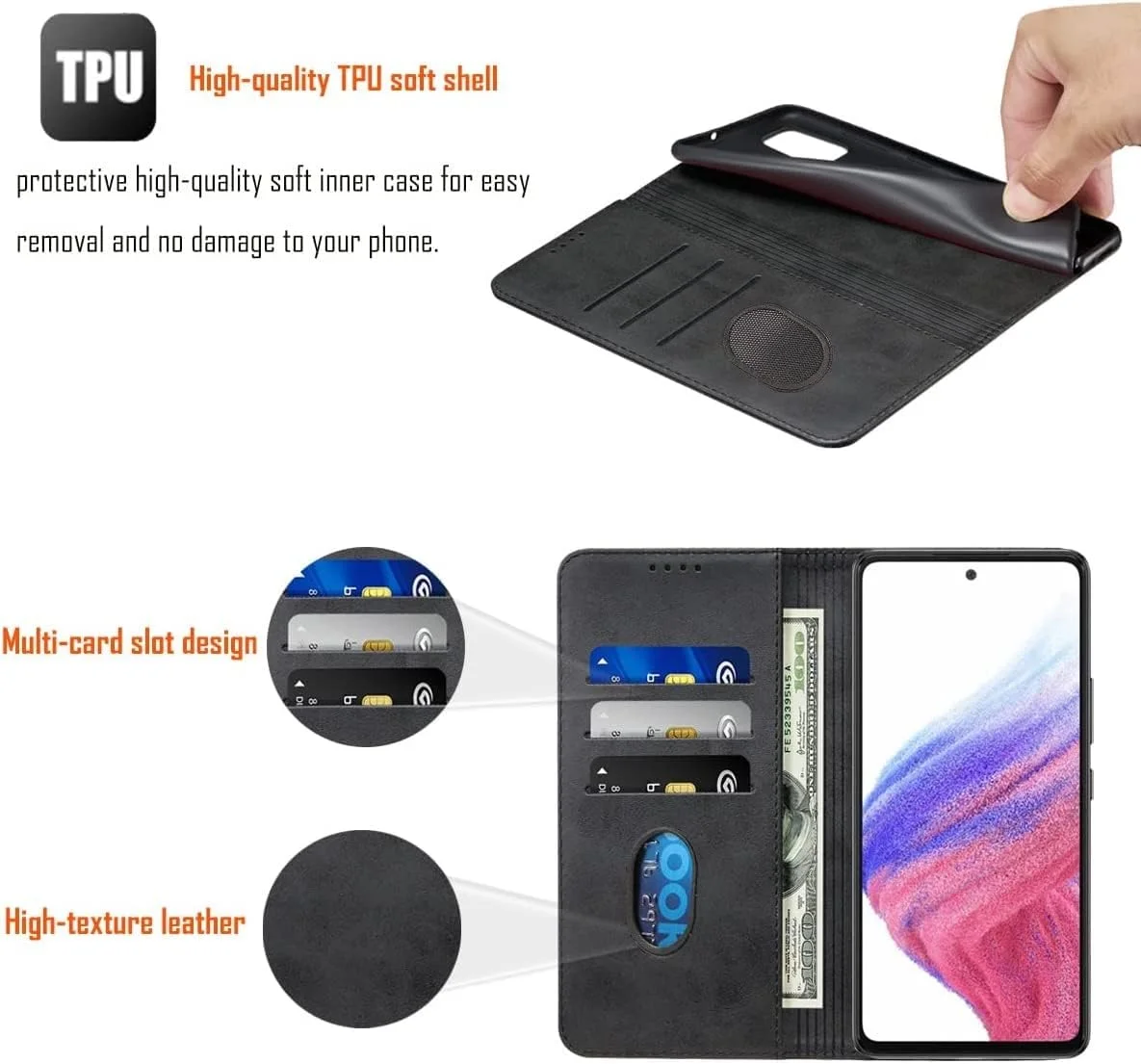 کیف پول چرمی سازگار با گوشی سامسونگ گلکسی A71 5G، دارای جای کارت اعتباری، کاور ضد ضربه مناسب برای خانم ها و آقایان (مشکی)