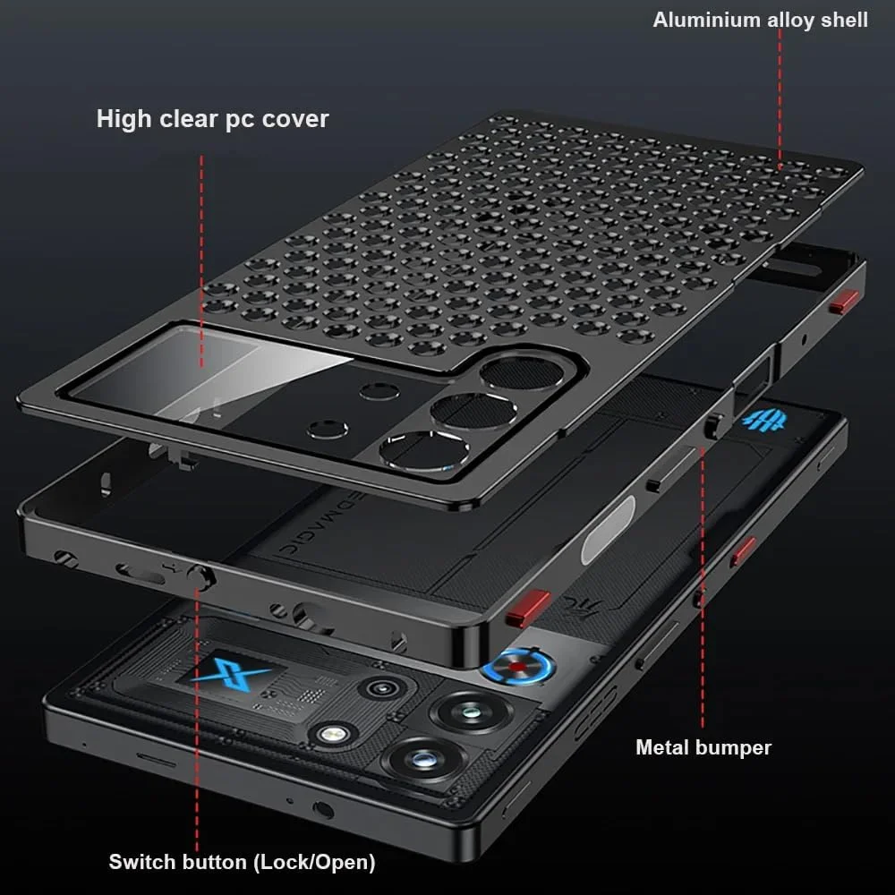 قاب محافظ گوشی Gruattreay سازگار با زد تی ای نوبیا رد مجیک 10 پرو/10 پرو پلاس، قاب فلزی آلیاژ آلومینیوم لوکس با سوراخ های لانه زنبوری برای دفع حرارت، ضد ضربه و مقاوم در برابر افتادن (مشکی)