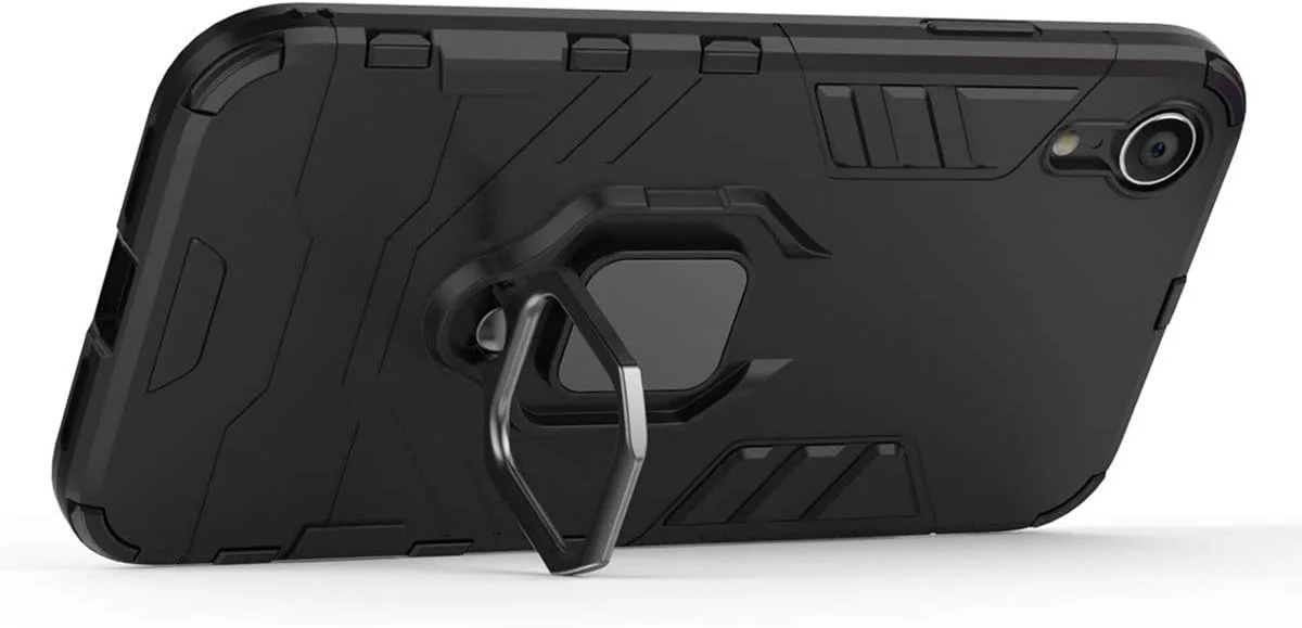 قاب محافظ گوشی آیفون XR مدل MaiJin، حلقه فلزی، استند، ضد ضربه، لایه سخت (سازگار با هولدر مغناطیسی خودرو)، دو لایه، مقاوم برای اپل آیفون XR (مشکی)