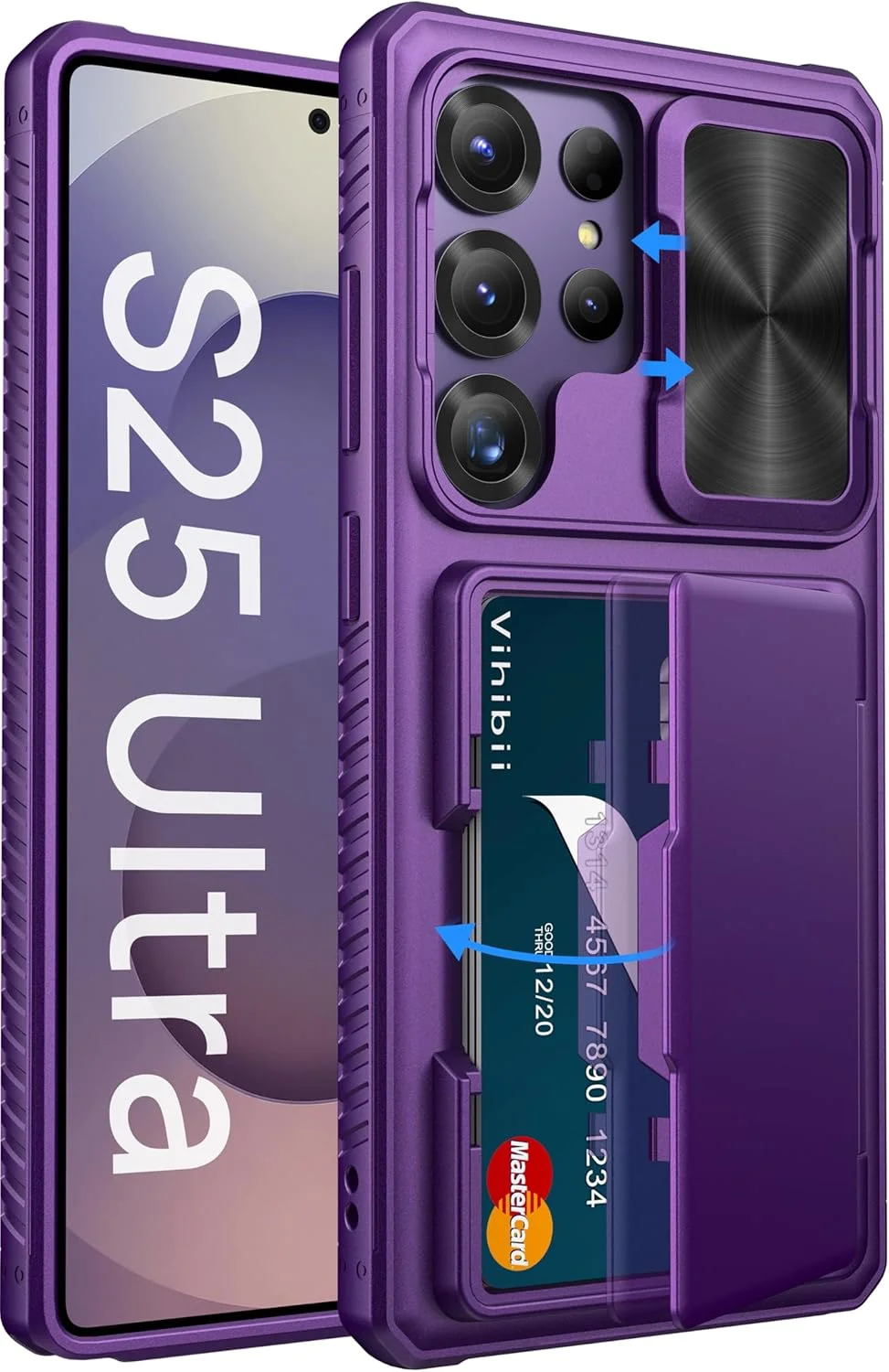 کیف محافظ گوشی سامسونگ گلکسی S25 Ultra مدل Vihibii با جای کارت (4 کارت)، پوشش کشویی دوربین و لبه های برجسته برای محافظت از صفحه نمایش، ضد ضربه، آبی