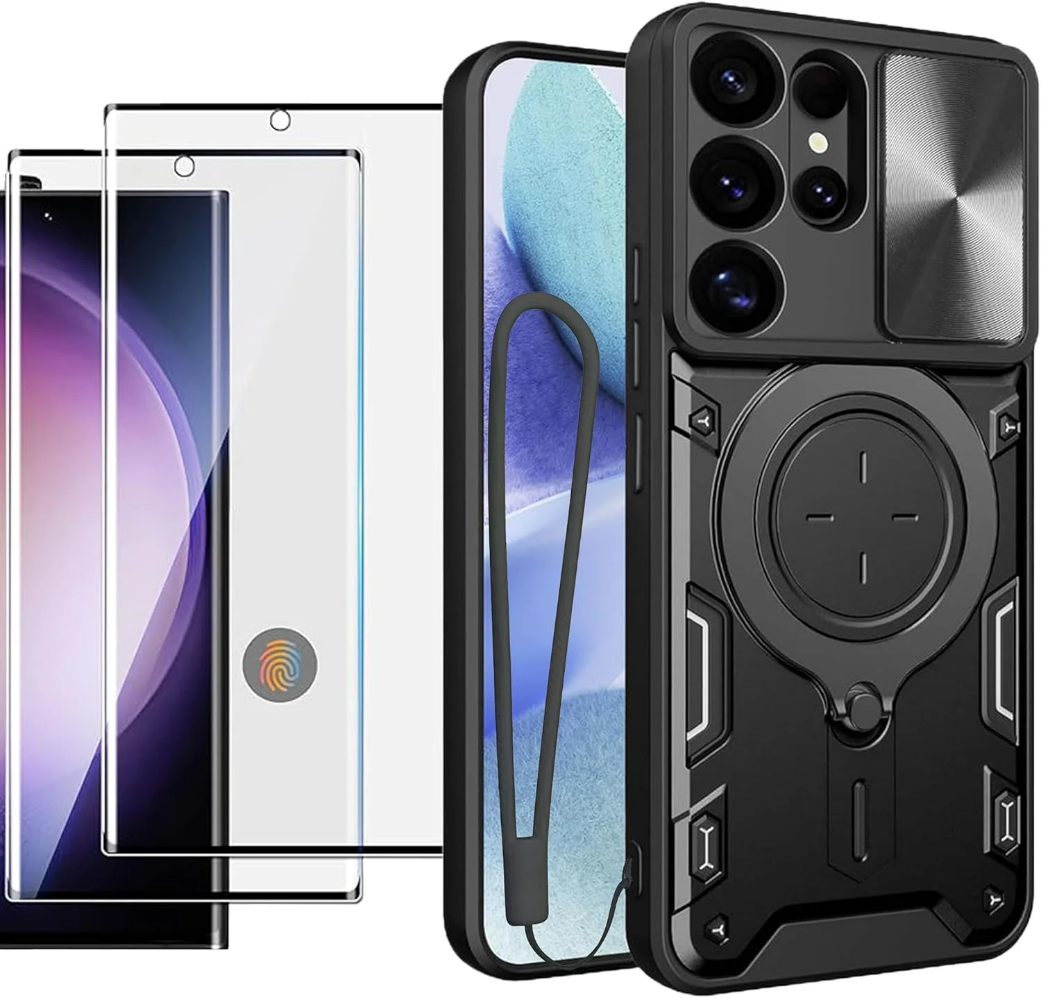 قاب گوشی سامسونگ گلکسی اس 25 اولترا 5G با فلاش تماس + بند گردنی، محافظ صفحه نمایش سامسونگ S25Ultra [دو عدد] با پایه فلزی