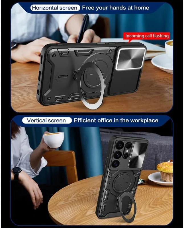 قاب گوشی سامسونگ گلکسی اس 25 اولترا 5G با فلاش تماس + بند گردنی، محافظ صفحه نمایش سامسونگ S25Ultra [دو عدد] با پایه فلزی