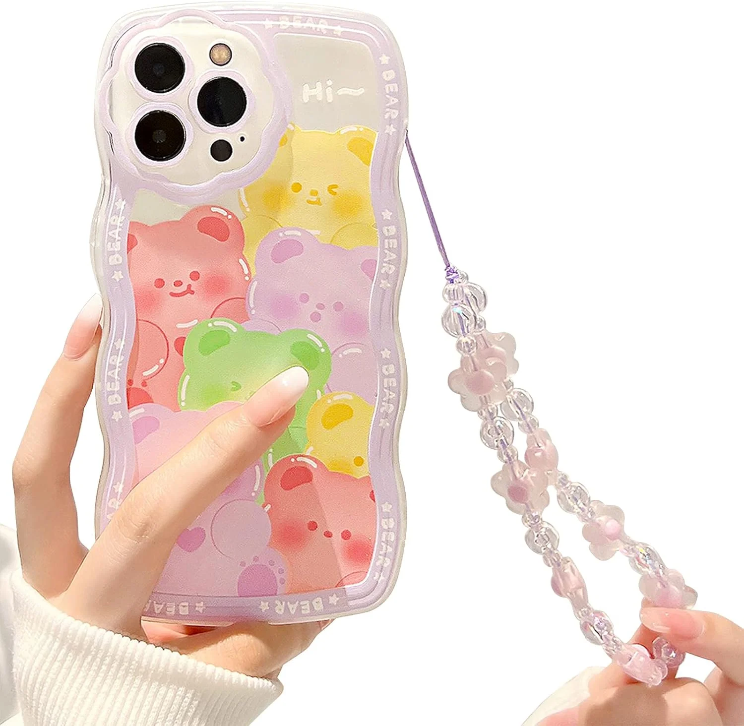 کاور محافظ گوشی آیفون 14 پرو مکس طرح خرس کارتونی شفاف با بند مهره ای گلدار، کاور محافظ کامل TPU نرم - خرس بنفش