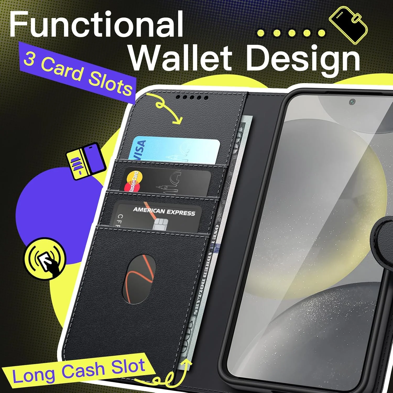 کیف پول JETech برای سامسونگ گلکسی S24 5G، کاور مغناطیسی چرمی PU ضد ضربه با نگهدارنده کارت، قابلیت استند و محافظت کامل از دوربین (مشکی)