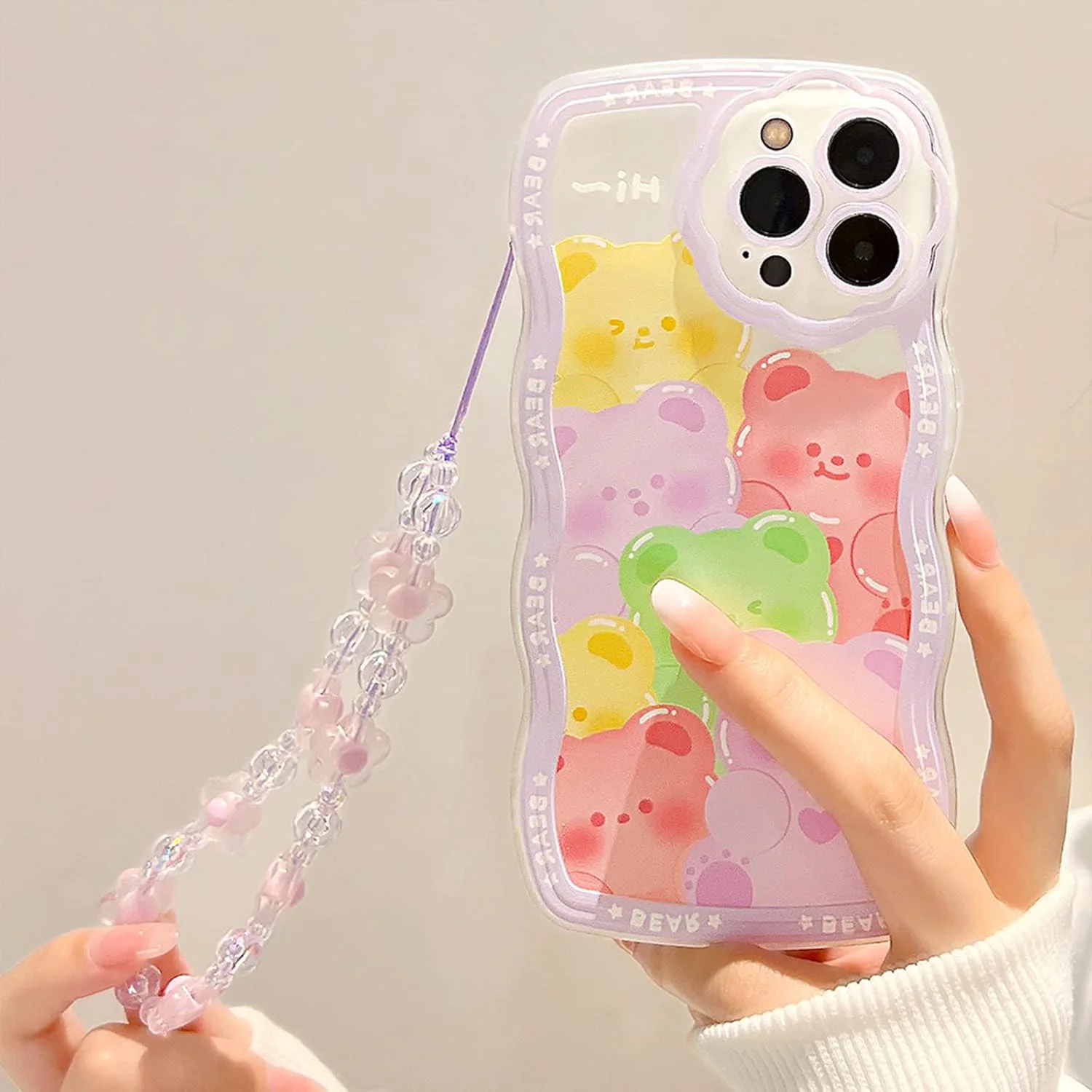 کاور محافظ گوشی آیفون 14 پرو مکس طرح خرس کارتونی شفاف با بند مهره ای گلدار، کاور محافظ کامل TPU نرم - خرس بنفش