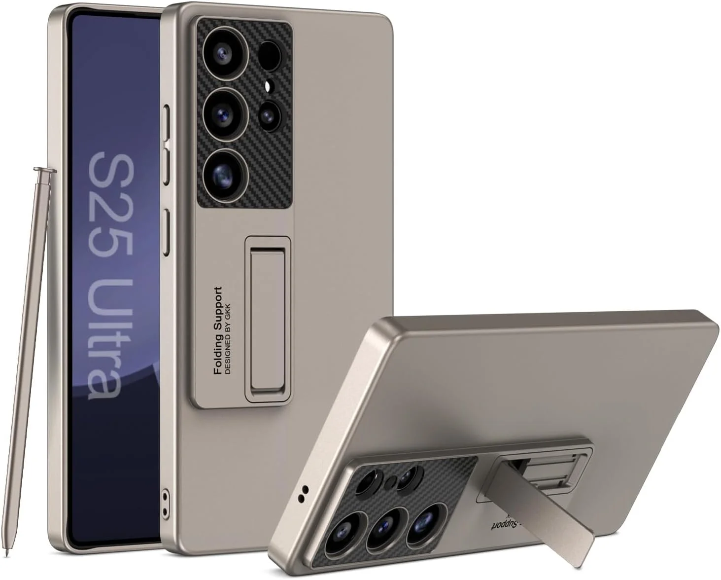 قاب محافظ گوشی سامسونگ گلکسی S25 Ultra، با پایه عمودی قابل تنظیم و 4 حالت استند، پوشش محافظ کامل بدنه و دوربین، قاب فوق العاده نازک با حس لمس پوست و پشتیبانی از شارژ بی سیم (تیتانیوم)