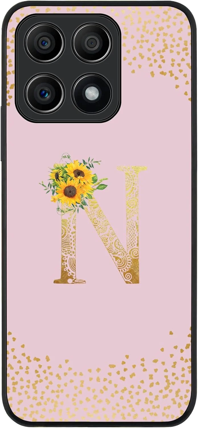 قاب محافظ لبه مشکی مقاوم برای گوشی آنر X8A 4G، قاب نرم و باریک با لبه های لاستیکی انعطاف پذیر، ضد ضربه، پوشش نازک ژله ای TPU - طرح سفارشی مونوگرام حرف اول اسم، ماندالا با طرح گل، حرف N (صورتی)