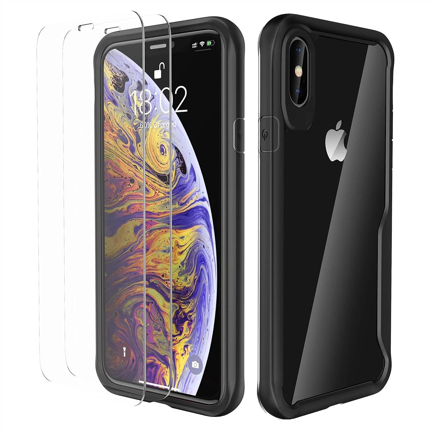 کاور شفاف ORETECH سازگار با آیفون XS و آیفون X سایز 5.8 اینچ، همراه با 2 عدد محافظ صفحه نمایش شیشه ای حرارت دیده، کاور پشتی سخت شفاف و ضربه گیر سیلیکونی نرم TPU برای آیفون X/XS - مشکی کاور شفاف ORETECH سازگار با آیفون XS و آیفون X سایز 5.8 اینچ، همراه با 2 عدد محافظ صفحه نمایش شیشه ای حرارت دیده، کاور پشتی سخت شفاف و ضربه گیر سیلیکونی نرم TPU برای آیفون X/XS - مشکی