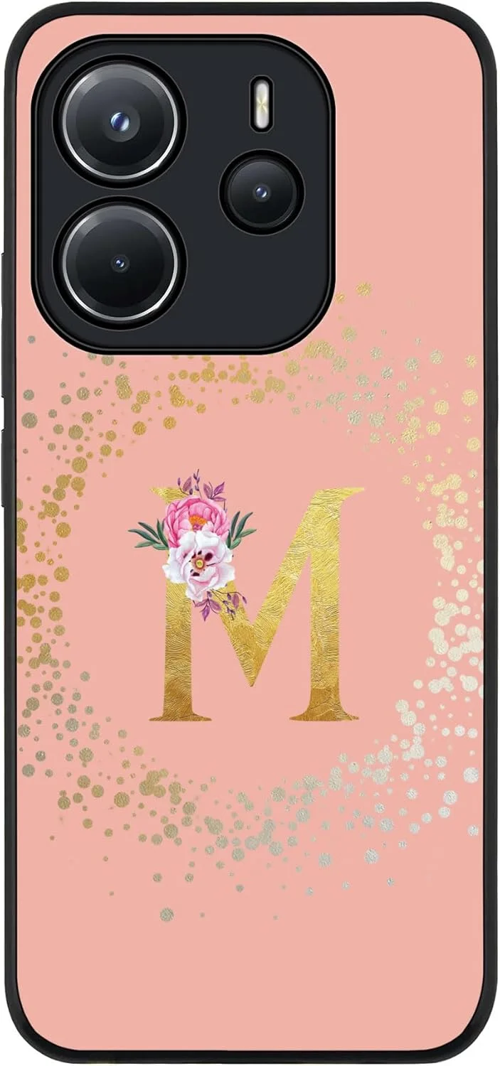 کاور محافظ شیک و مقاوم مناسب برای گوشی شیائومی ردمی نوت 14 4G، محافظت از دوربین، ضد ضربه، باریک - طرح گلدار مونوگرام سفارشی - M (صورتی رز)