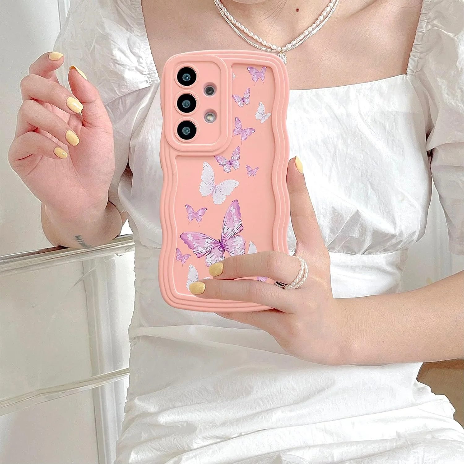 قاب گوشی یوبای مناسب برای گوشی سامسونگ گلکسی A56 5G، قاب سیلیکونی مایع با طرح موج دار فرفری، کاور گوشی با طرح پروانه، کاور ضربه گیر TPU برای دختران و زنان، صورتی
