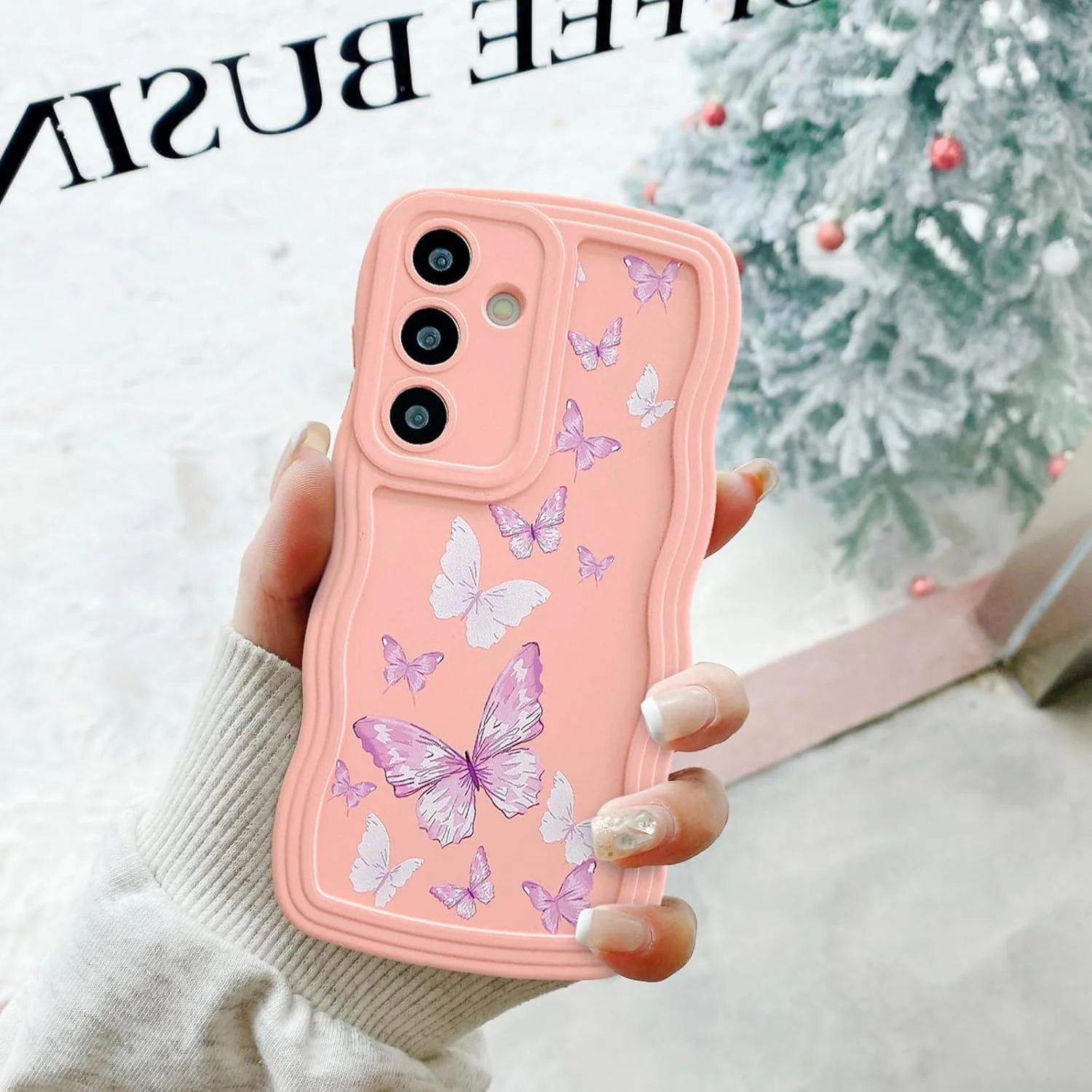 قاب گوشی یوبای مناسب برای گوشی سامسونگ گلکسی A56 5G، قاب سیلیکونی مایع با طرح موج دار فرفری، کاور گوشی با طرح پروانه، کاور ضربه گیر TPU برای دختران و زنان، صورتی