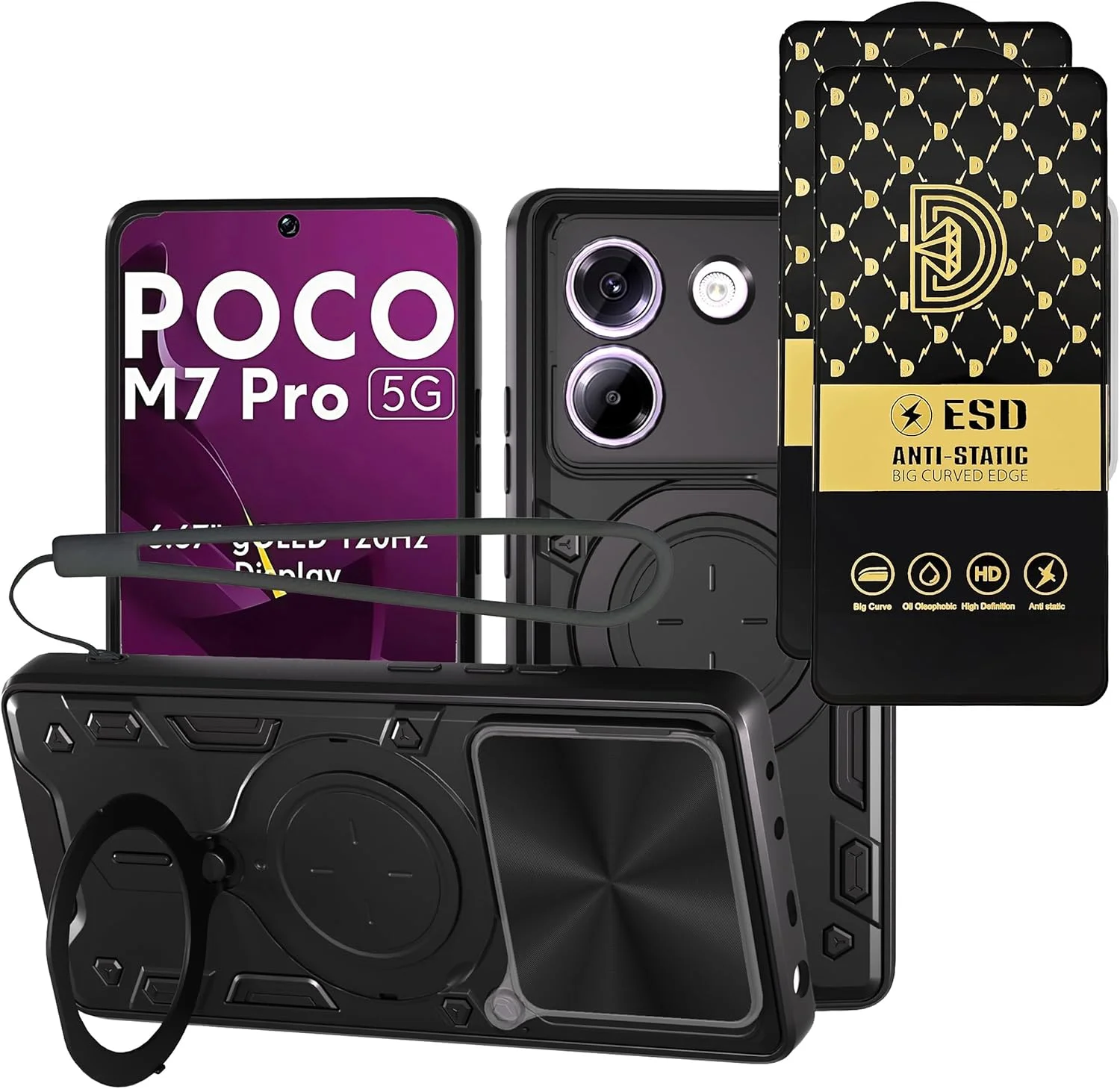 قاب گوشی شیائومی پوکو M7 Pro 5G با بند سیلیکونی، محافظت در برابر سقوط نظامی، پایه فلزی و حلقه مغناطیسی (مشکی، M7Pro بدون گلس)