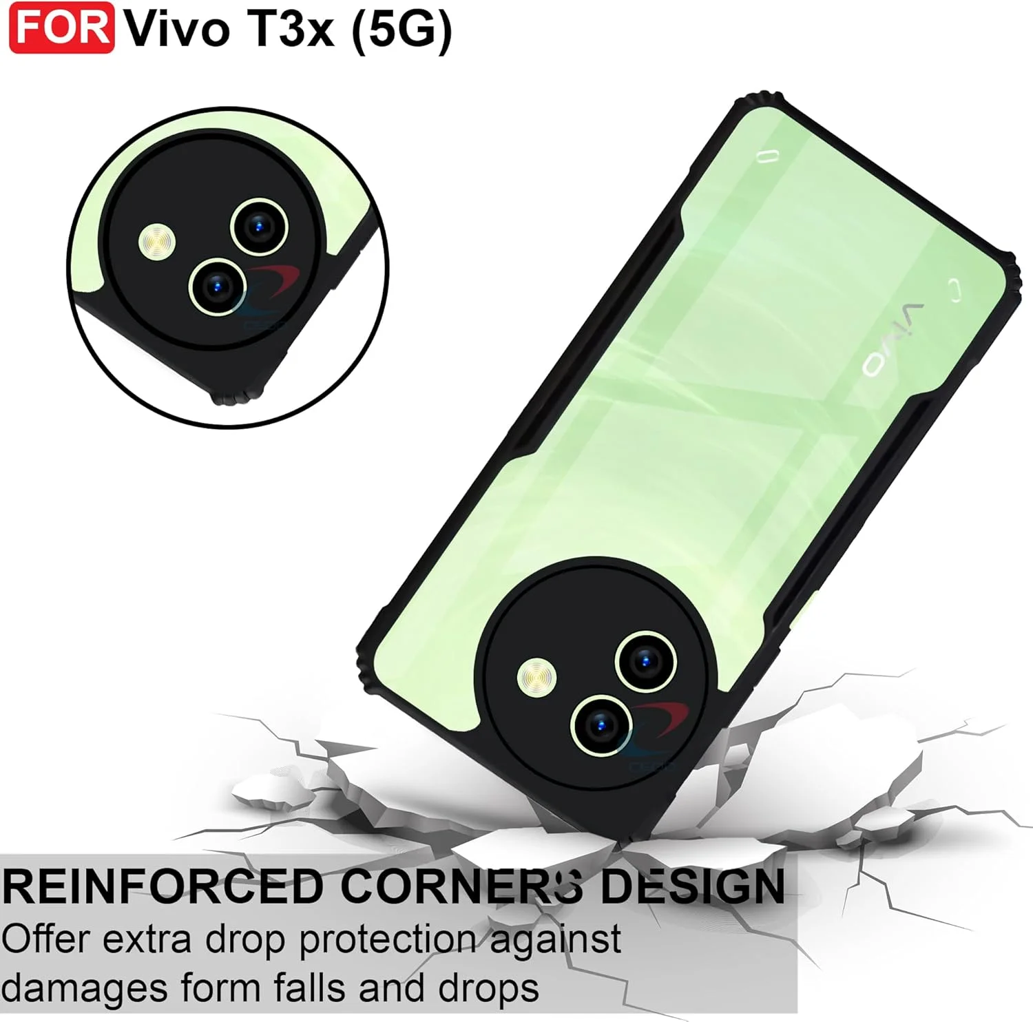 قاب پشتی شفاف CEDO Vivo T3X (5G) | محافظت از دوربین با لبه ضربه گیر | محافظت 360 درجه کریستالی اکریلیک TPU+PC | قاب پشتی عقابی شفاف (مشکی)