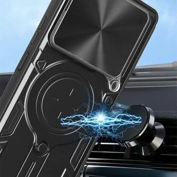 قاب گوشی شیائومی پوکو M7 Pro 5G با بند سیلیکونی، محافظت در برابر سقوط نظامی، پایه فلزی و حلقه مغناطیسی (مشکی، M7Pro بدون گلس)